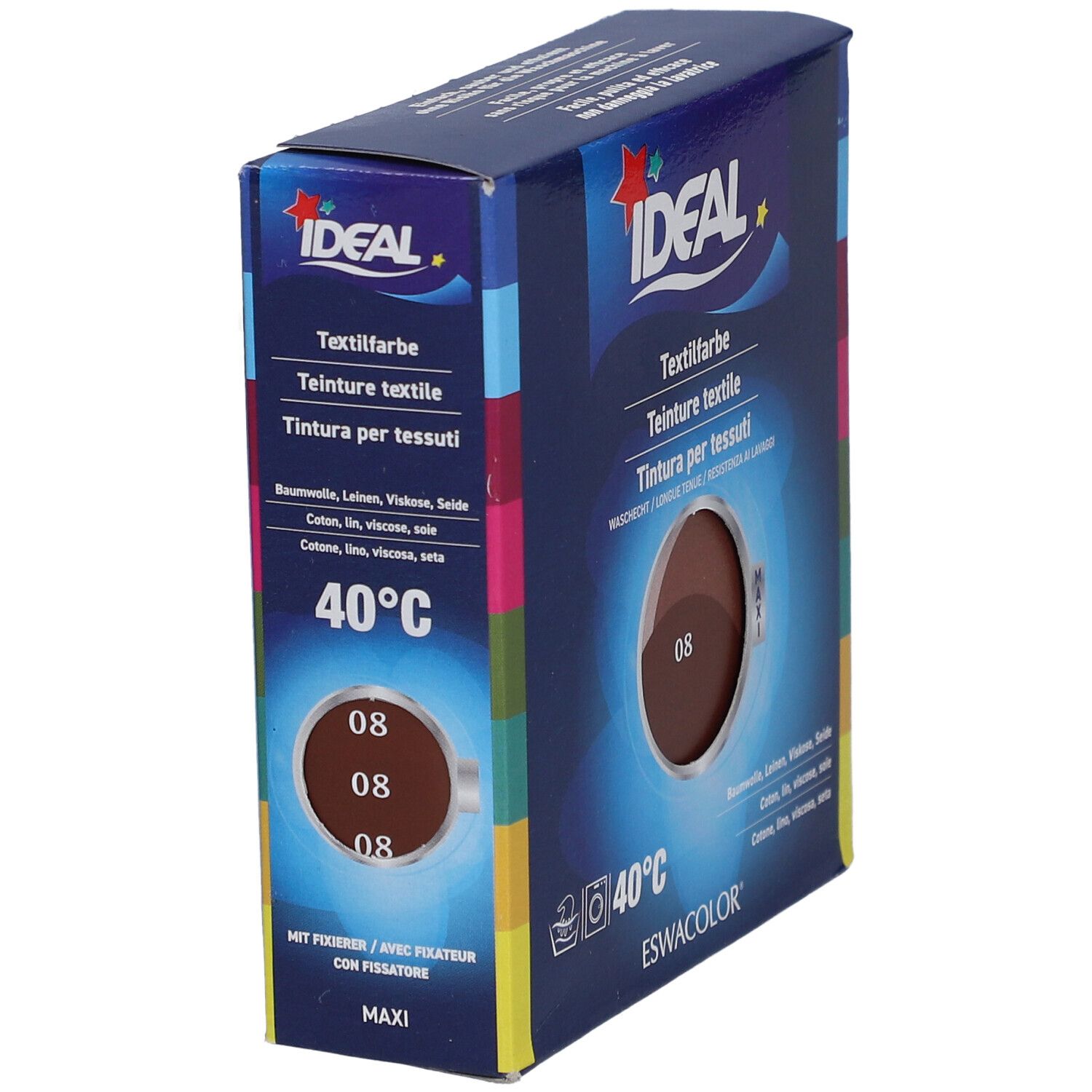 Teinture textile IDEAL 08 Rotbraun, emballage carton. Résistant au lavage. Pour coton, lin, viscose, soie. Logo Maxi.