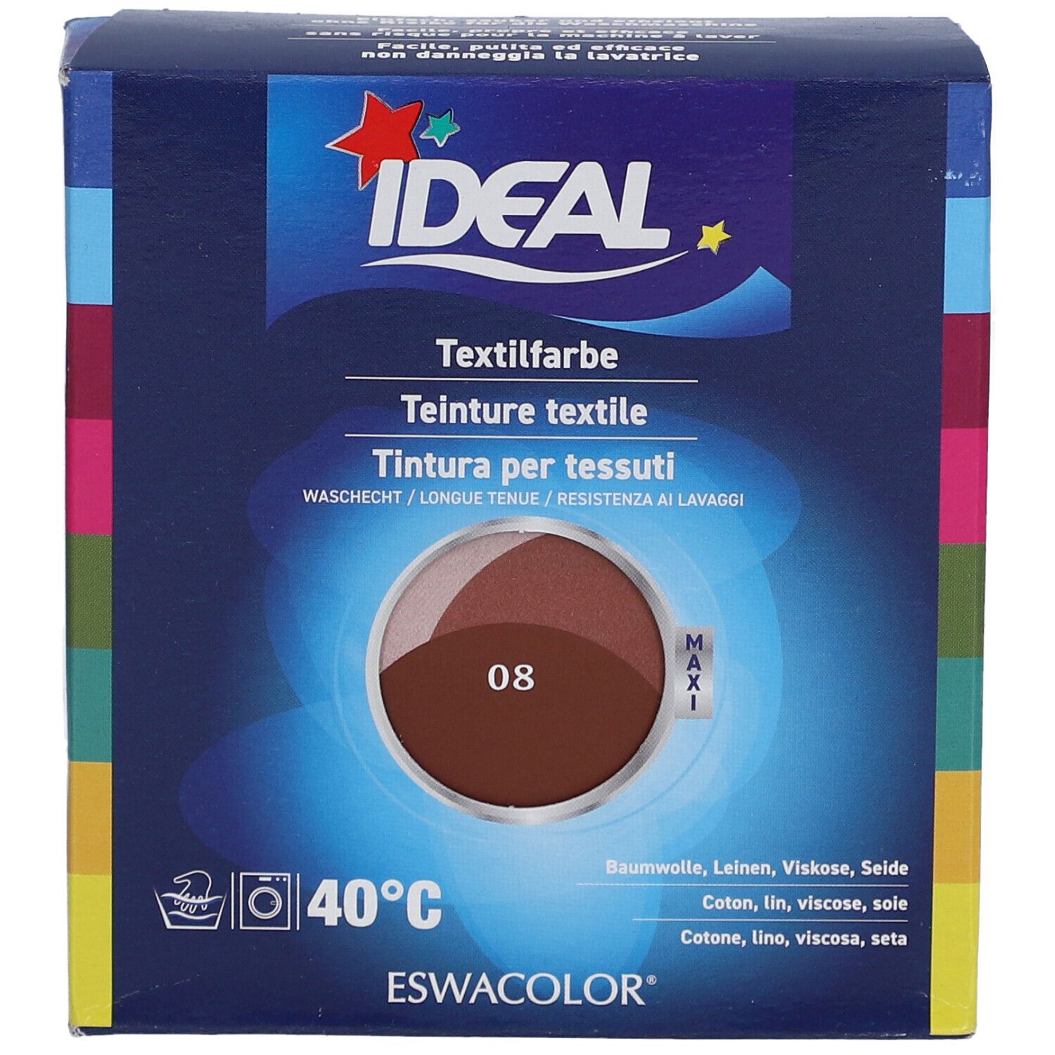 Teinture textile IDEAL 08 Rotbraun, emballage carton. Résistant au lavage, pour coton, lin, viscose, soie. Logo Maxi.