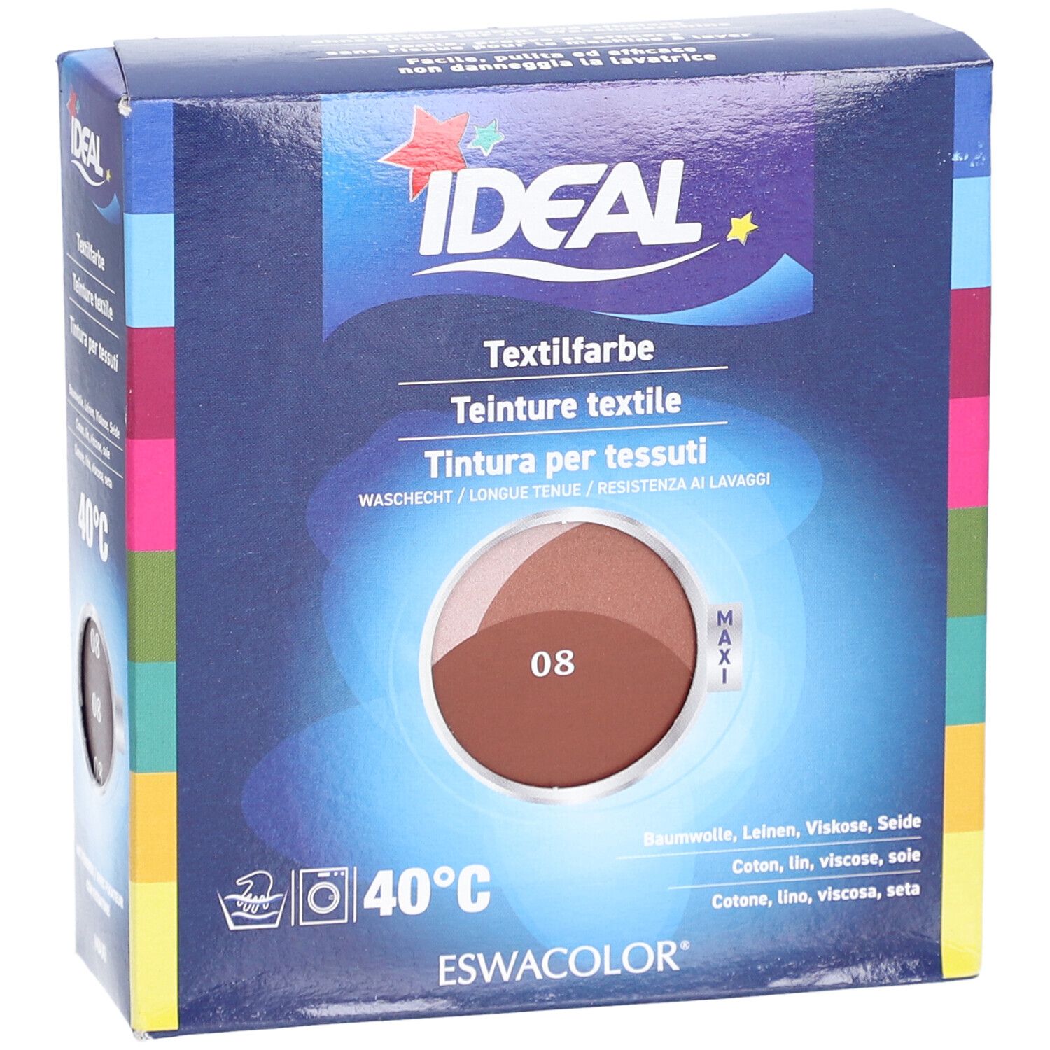Teinture textile IDEAL 08 Rotbraun, emballage carton. Résistant au lavage, pour coton, lin, viscose, soie. Logo Maxi.
