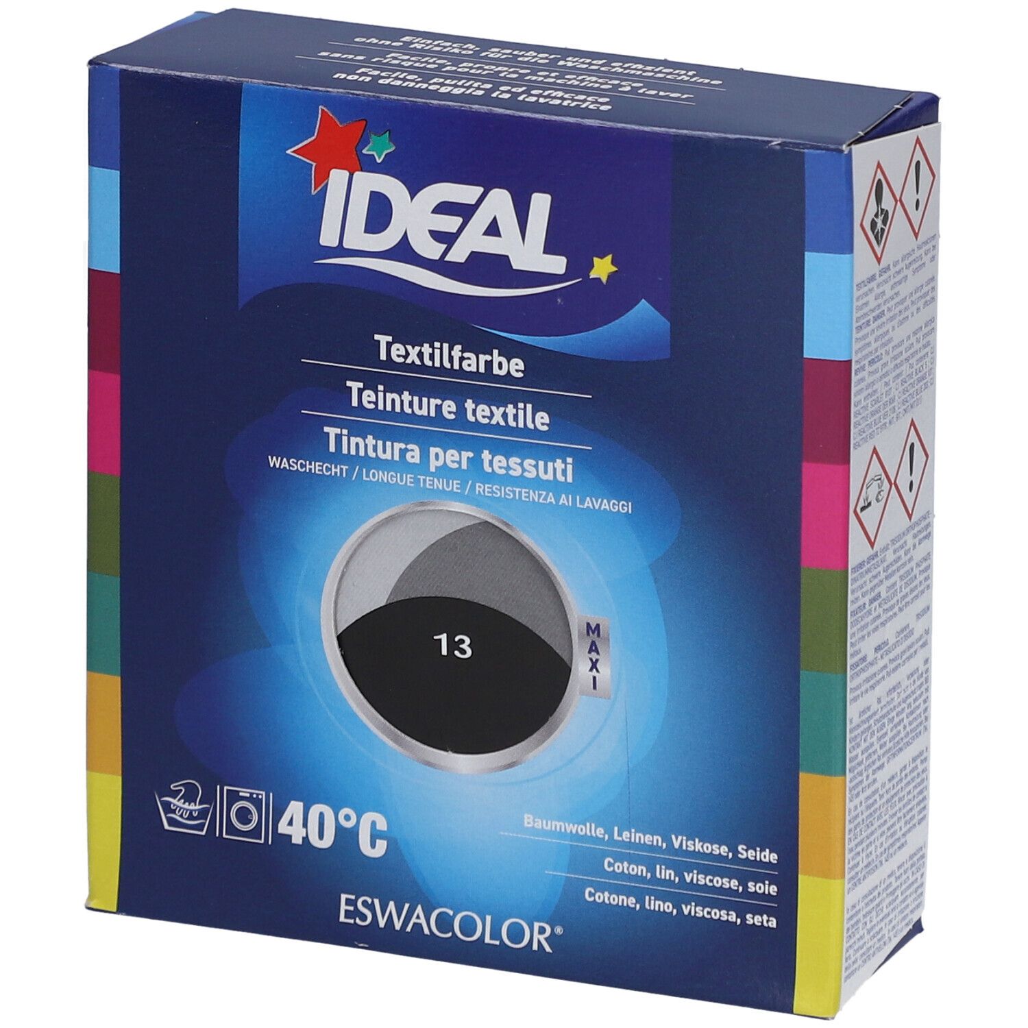 Boîte de teinture textile. Logo IDEAL. Couleur noire 13. Lavable à 40°C. Pour coton, lin, viscose, soie. ESWACOLOR.