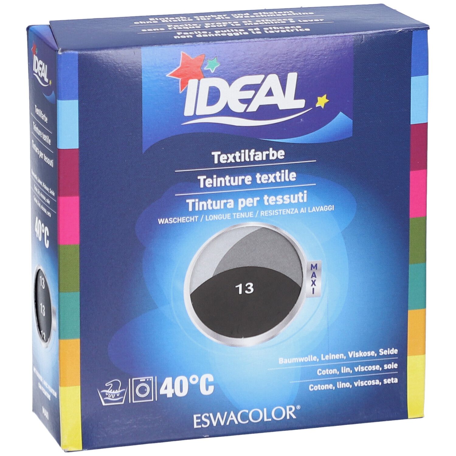 Boîte de teinture textile. Logo IDEAL. Couleur noire 13. Lavable à 40°C. Pour coton, lin, viscose, soie. ESWACOLOR.
