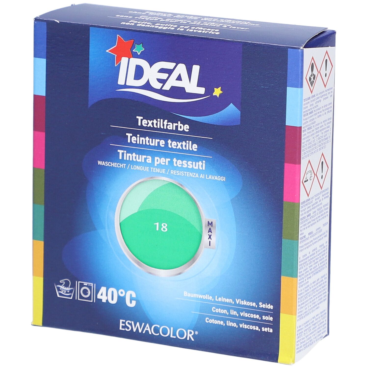 Teinture textile IDEAL, vert menthe. Emballage avec informations et logo. Échantillon de couleur vert rond, numéro 18.