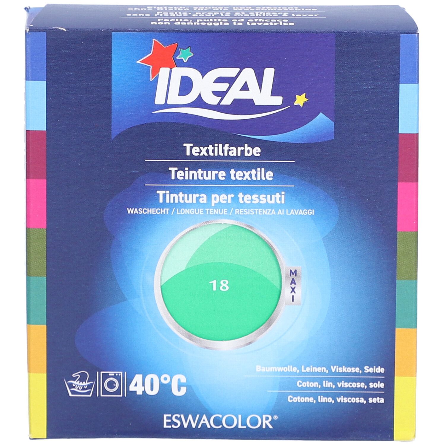 Teinture textile IDEAL, vert menthe. Emballage avec informations et logo. Échantillon de couleur vert rond, numéro 18.