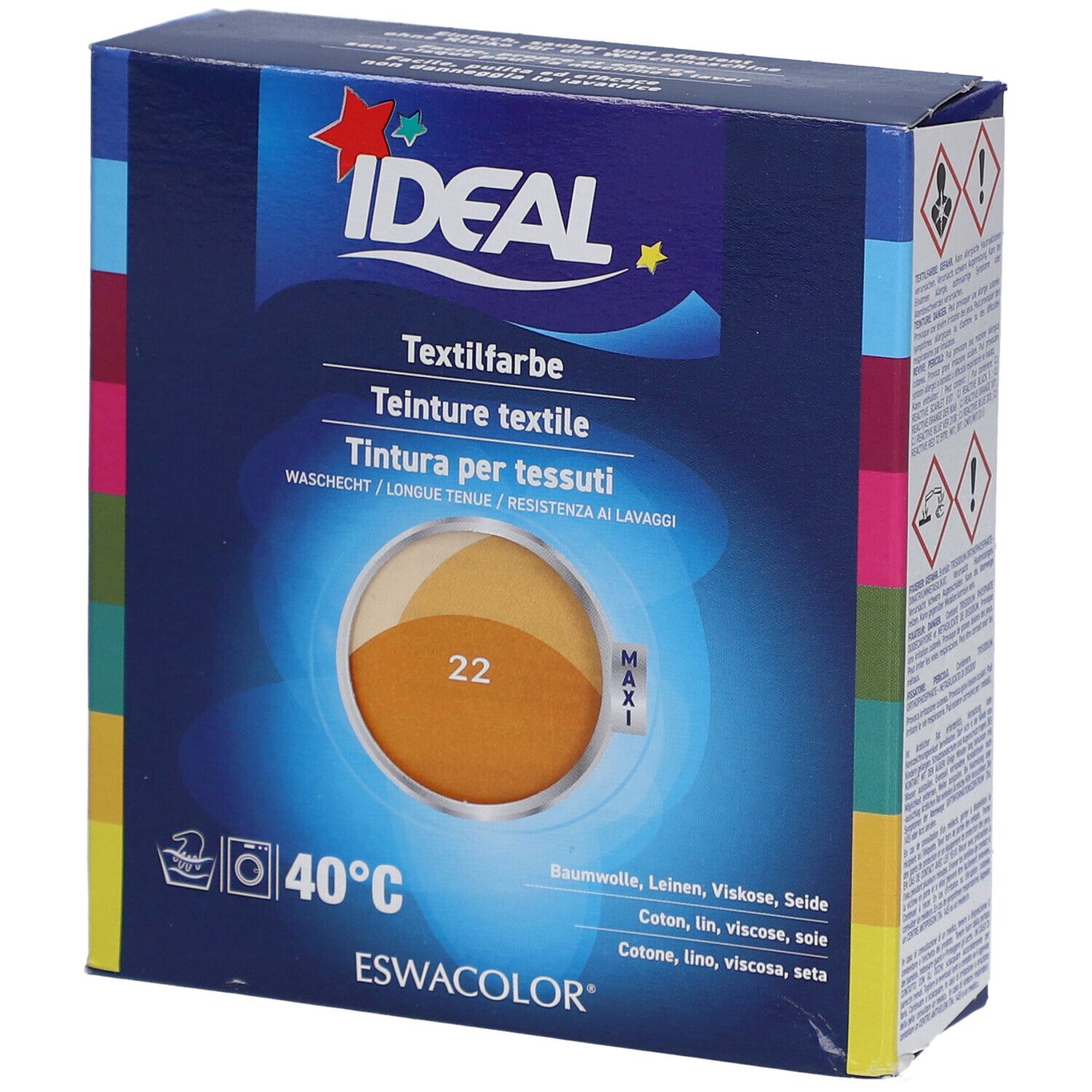 Teinture textile IDEAL, Gold 22, en boîte. Résistant au lavage. Pour coton, lin, viscose, soie. Avec logo Maxi.