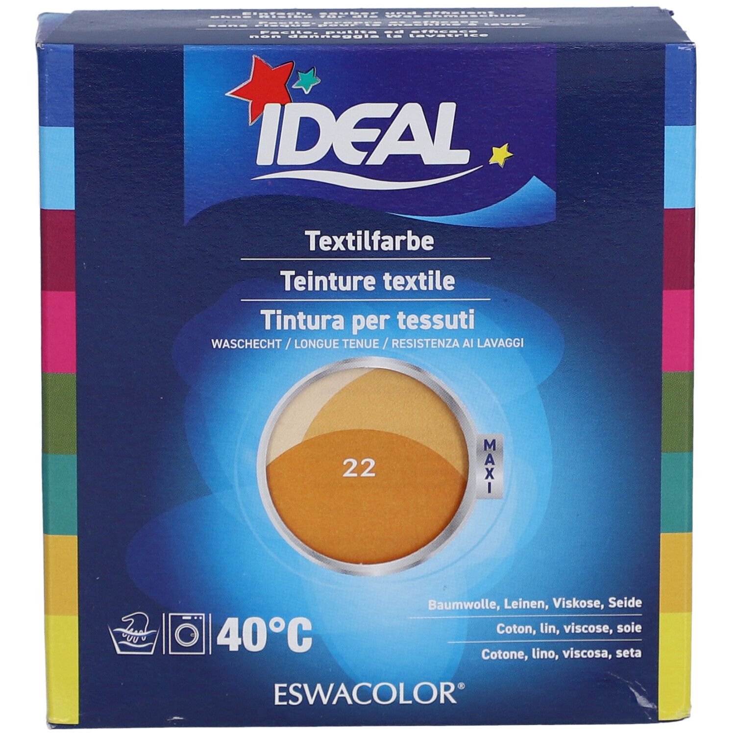 Teinture textile IDEAL, Gold 22, en boîte. Résistant au lavage. Pour coton, lin, viscose, soie. 40°C.