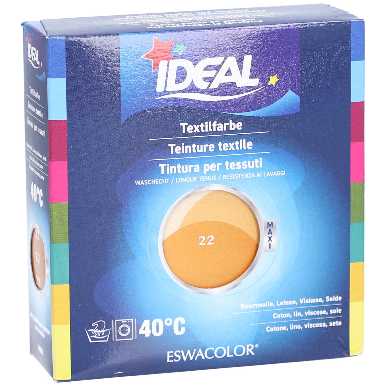 Teinture textile IDEAL, Gold 22, en boîte. Résistant au lavage. 40°C. Avec logo Maxi. Gros plan.