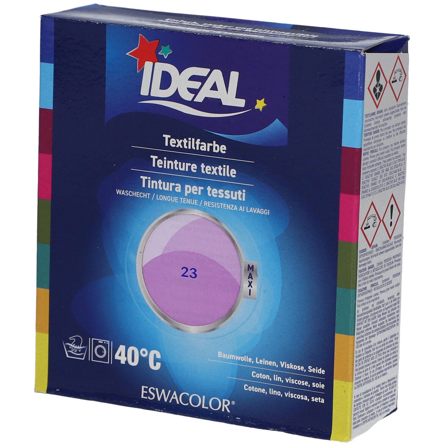 Emballage de teinture textile, lilas. Marque IDEAL. Lavable à 40°C. Pour coton, lin, viscose et soie. Cercle de couleur, numéro 23.