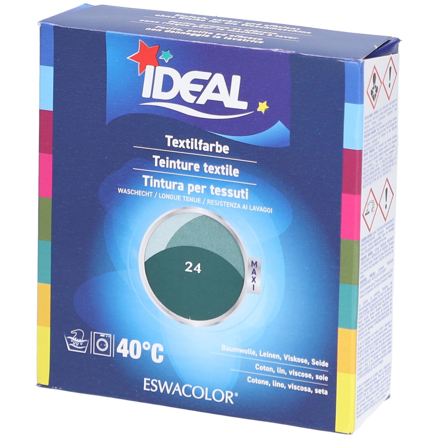 Boîte de teinture textile IDEAL, teinte 24 Tanne. Lavable à 40°C. Pour coton, lin, viscose, soie. Maxi format.