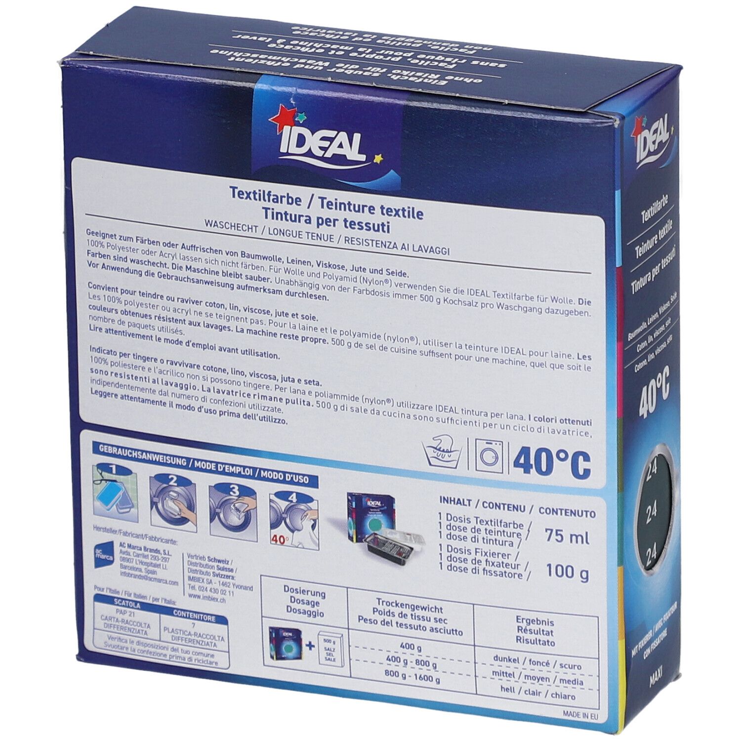 Dos de l'emballage de teinture textile IDEAL. Informations d'utilisation et ingrédients. Lavable à 40°C.