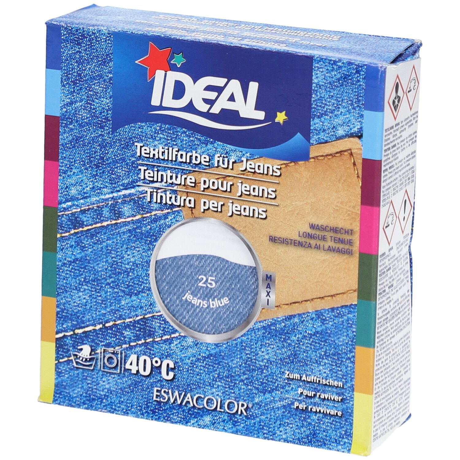 Boîte IDEAL Teinture pour jeans, bleu jean 25. Indications de lavage 40°C. Contient des informations sur le produit.