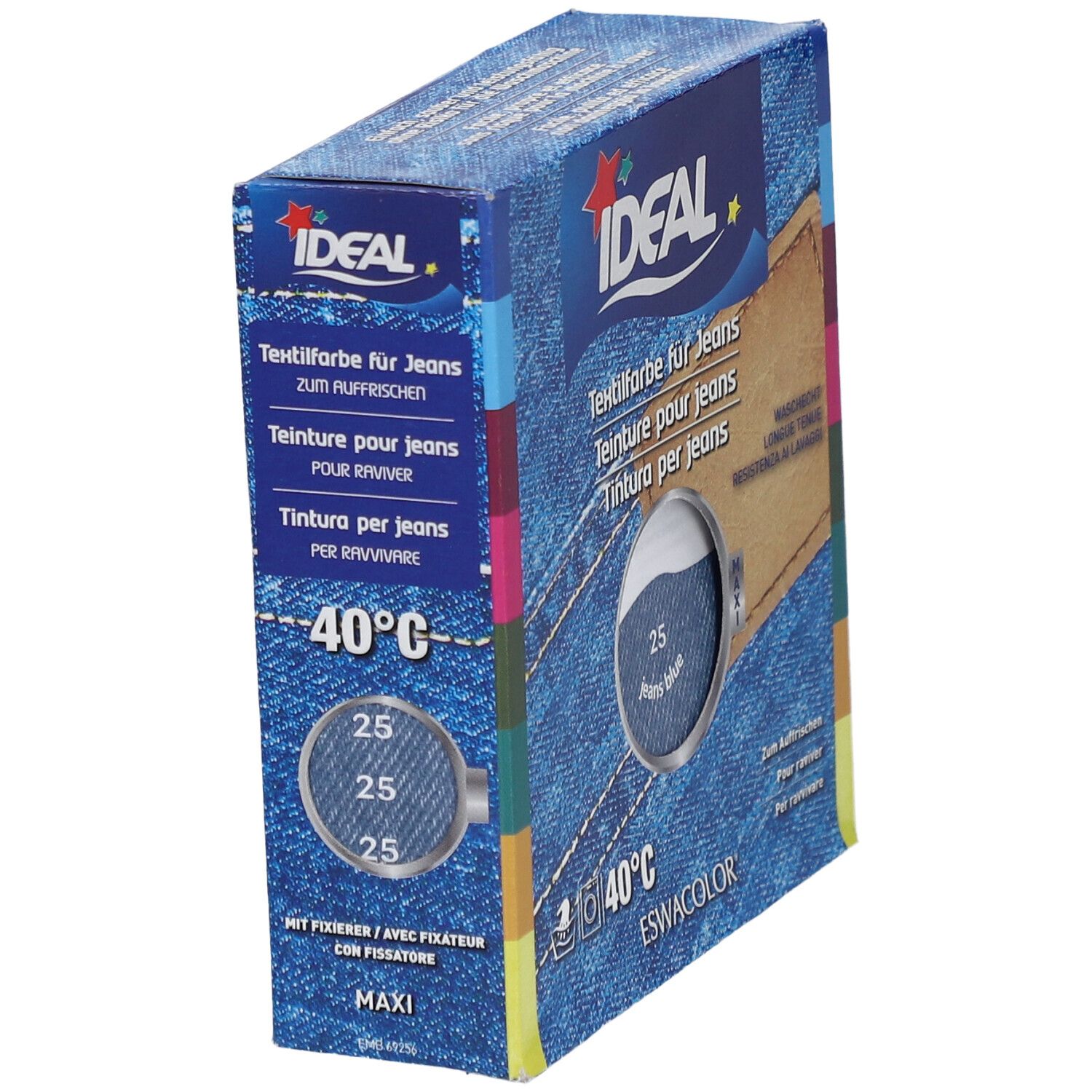 Boîte IDEAL Teinture pour jeans, inclinée. Bleu jean 25. Instructions de lavage 40°C. Détails du produit.