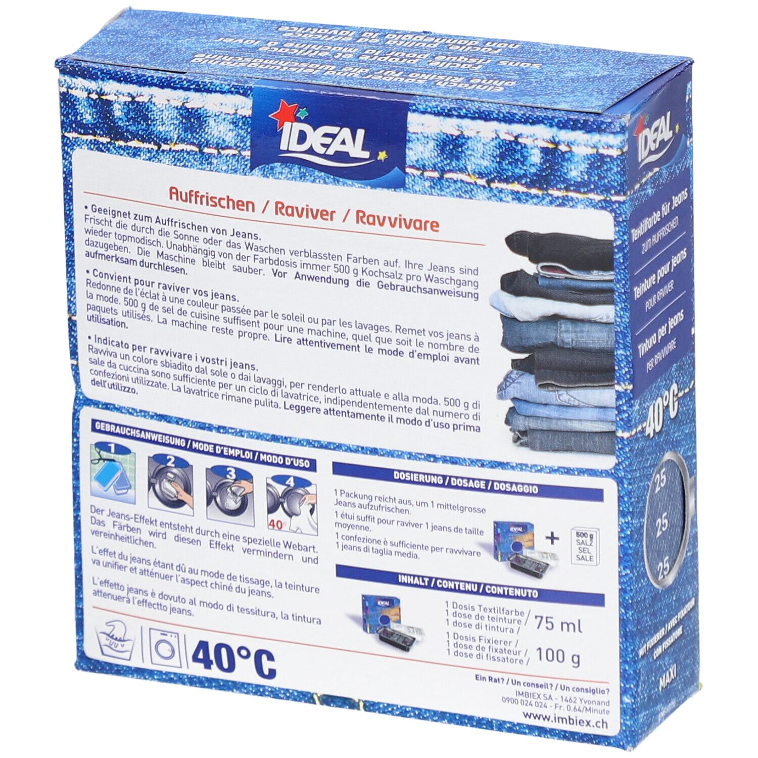 Dos de la boîte IDEAL Teinture pour jeans. Informations, instructions d'utilisation, dosage et ingrédients. 40°C.