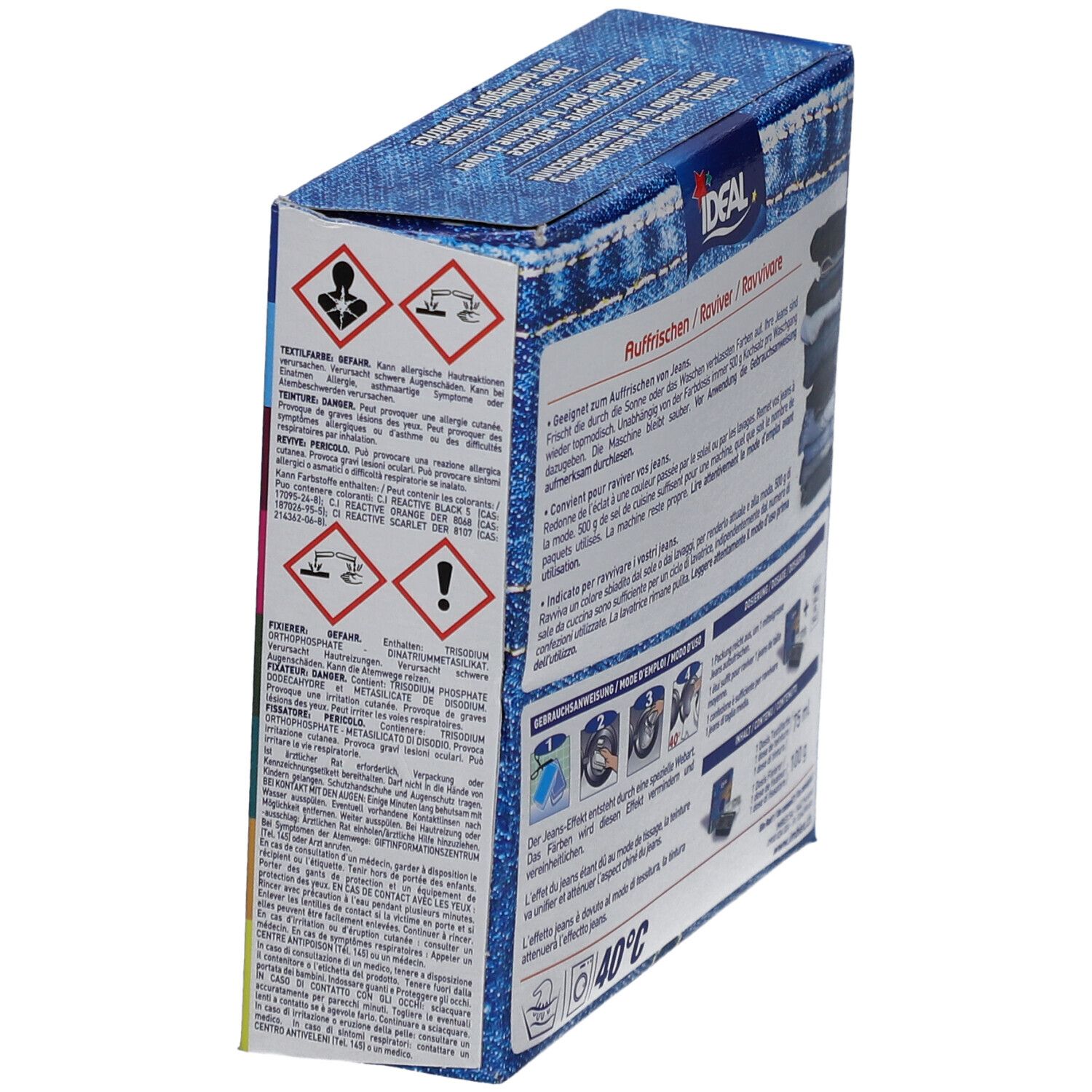 Côté de la boîte IDEAL Teinture pour jeans. Avertissements et symboles de danger. Instructions de lavage 40°C.
