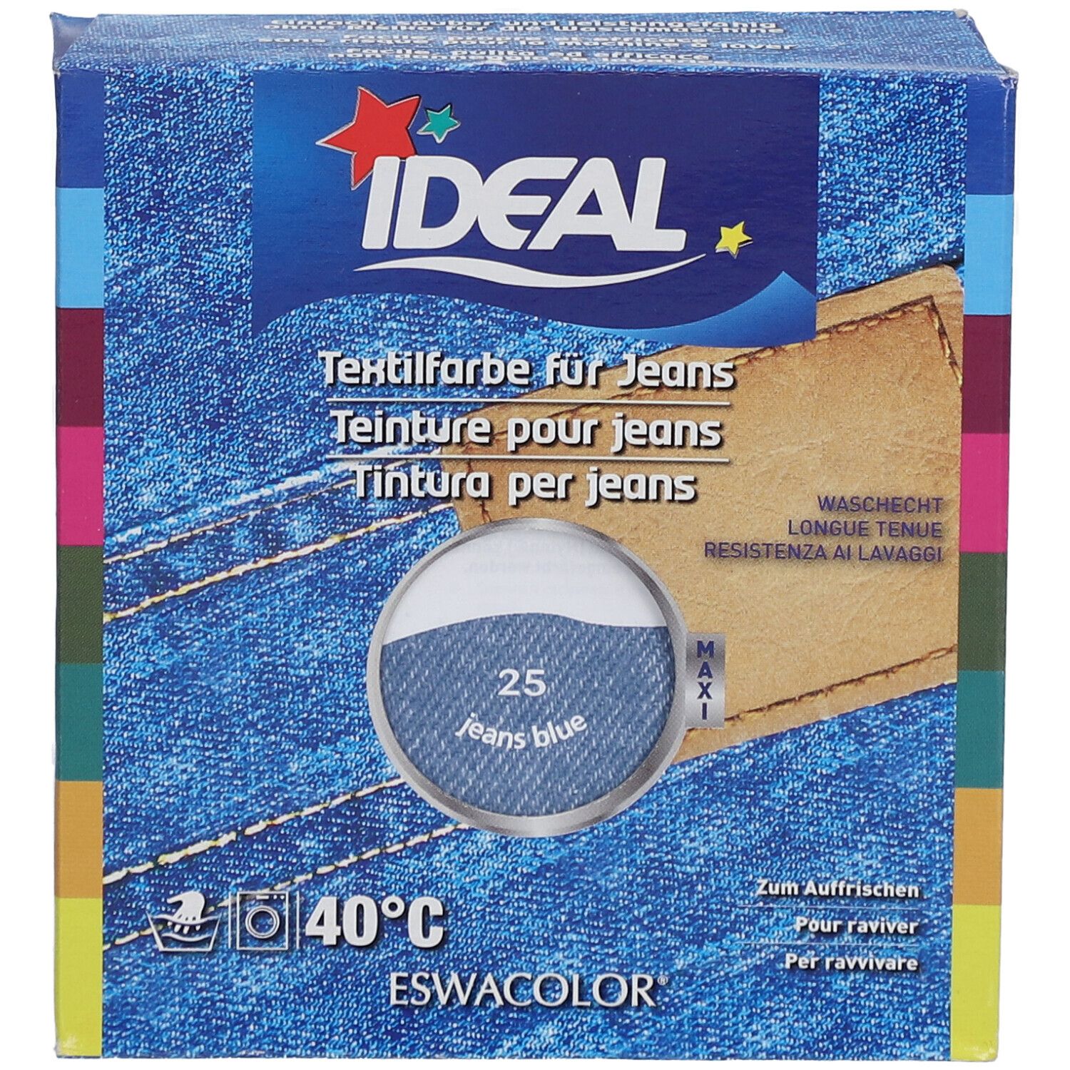 Boîte IDEAL Teinture pour jeans, bleu jean 25. Instructions de lavage 40°C. Marque ESWACOLOR.