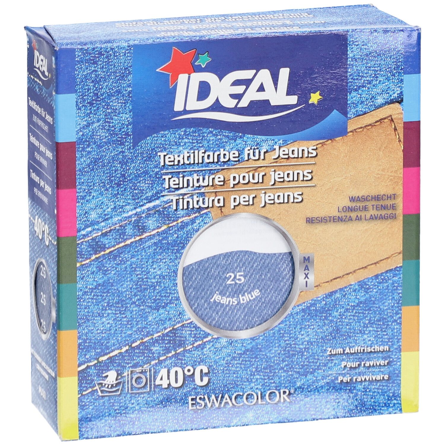 Boîte IDEAL Teinture pour jeans, bleu jean 25. Instructions de lavage 40°C. Marque ESWACOLOR.