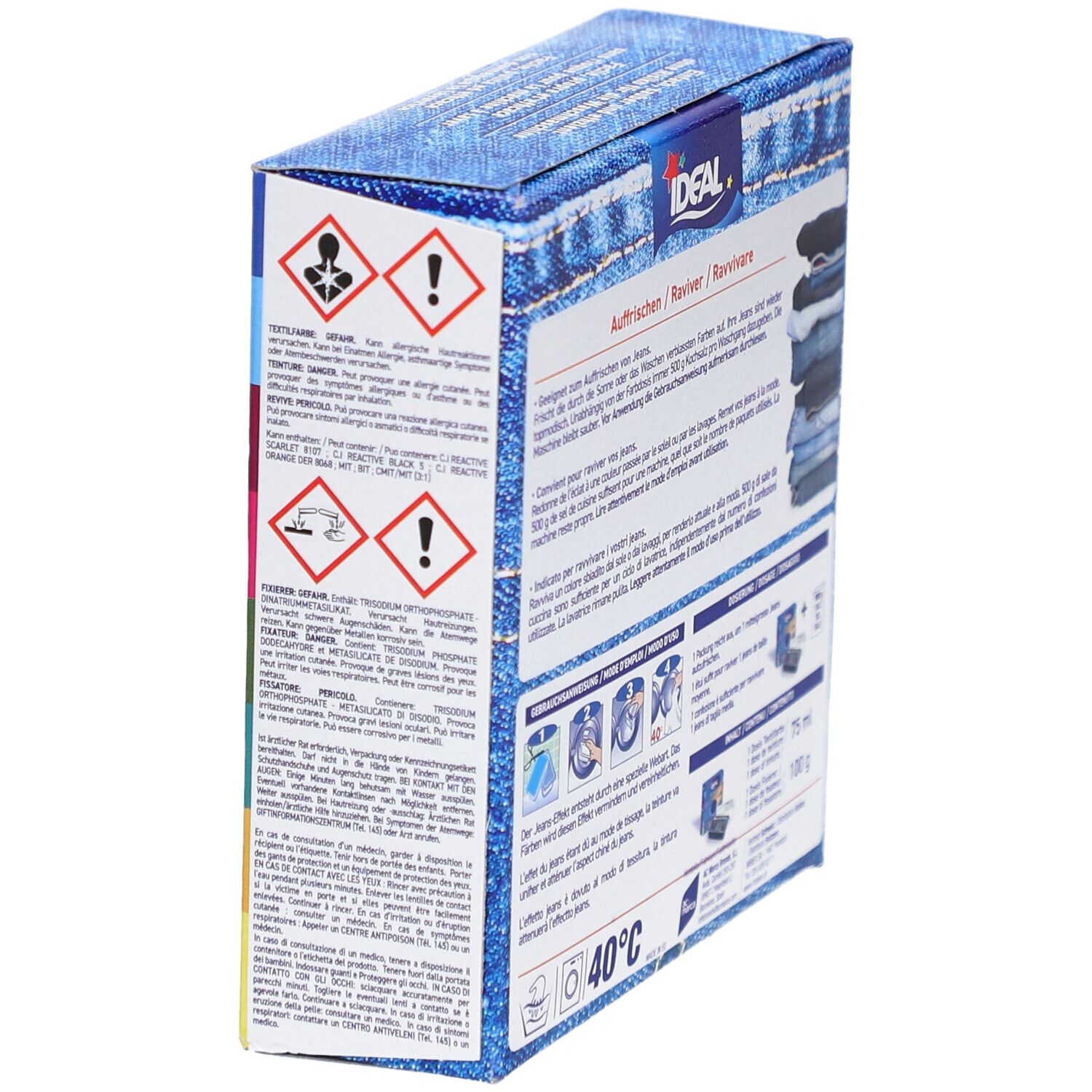Boîte de lessive IDEAL Jeans avec symboles d'avertissement et instructions d'utilisation. 75ml.