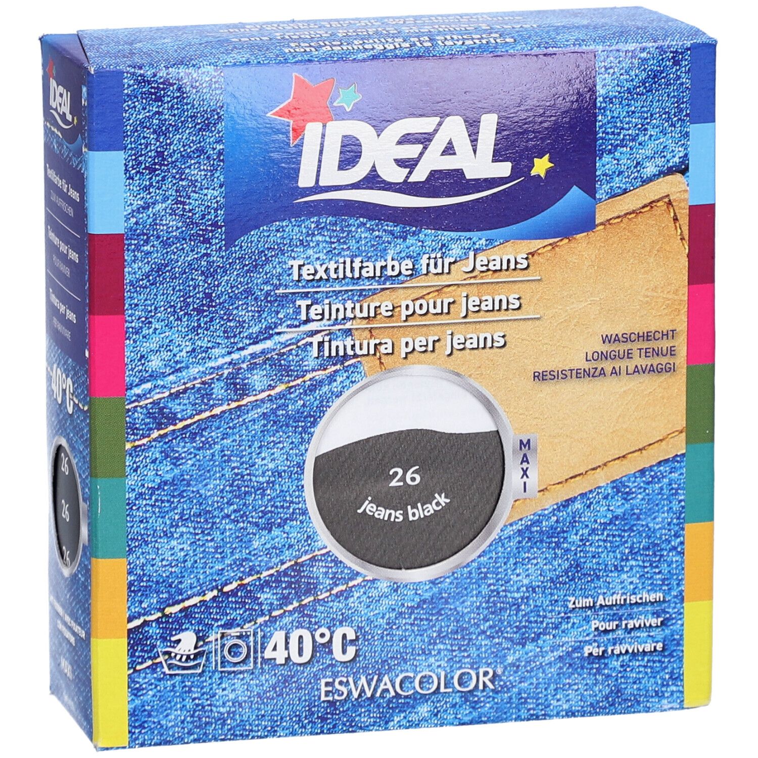 Teinture pour jeans IDEAL, couleur 26 Jeans Black, format Maxi, lavable à 40°C.