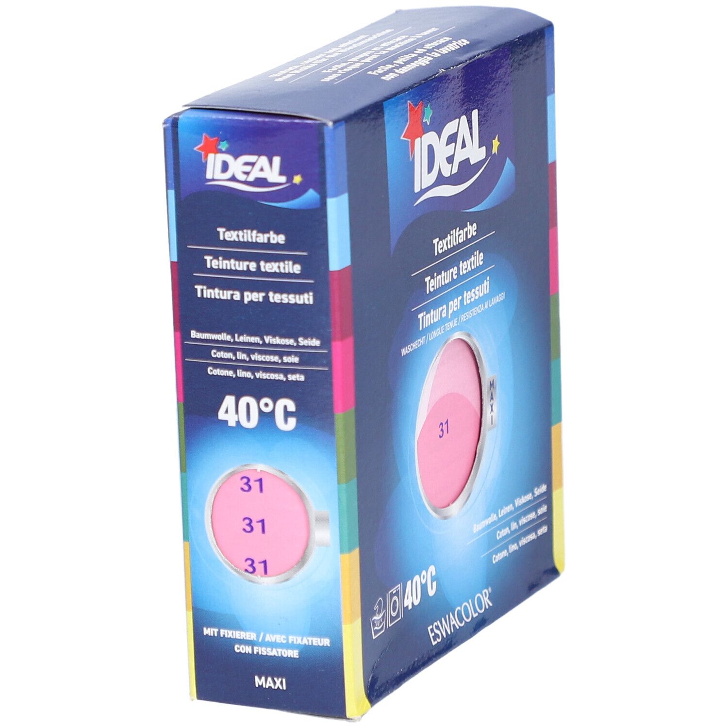 Teinture textile IDEAL, rose. Emballage avec image du produit et texte. Lavage à 40°C. Plusieurs paquets représentés.
