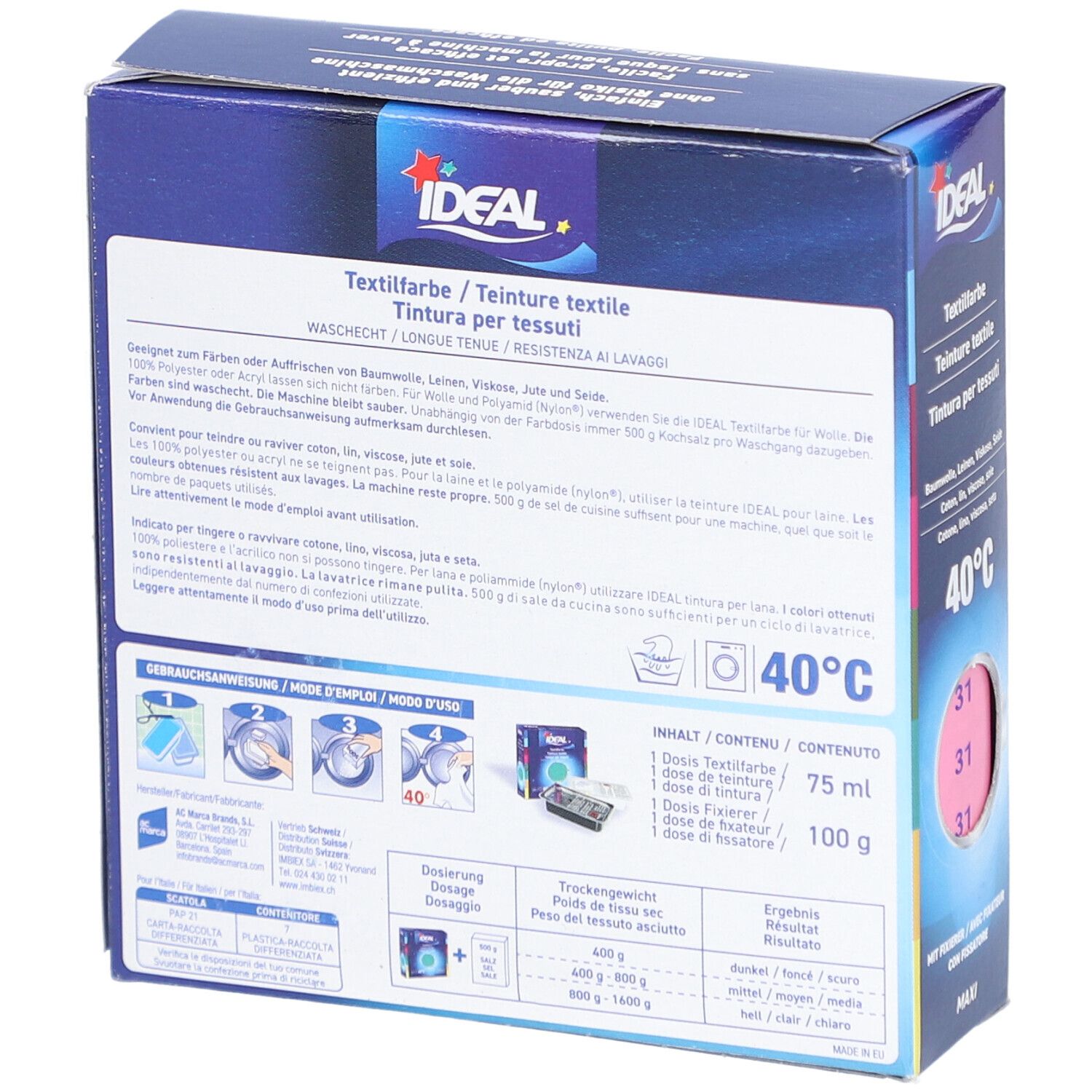 Teinture textile IDEAL, rose. Dos de l'emballage avec informations, instructions de lavage et dosage. Lavage à 40°C.