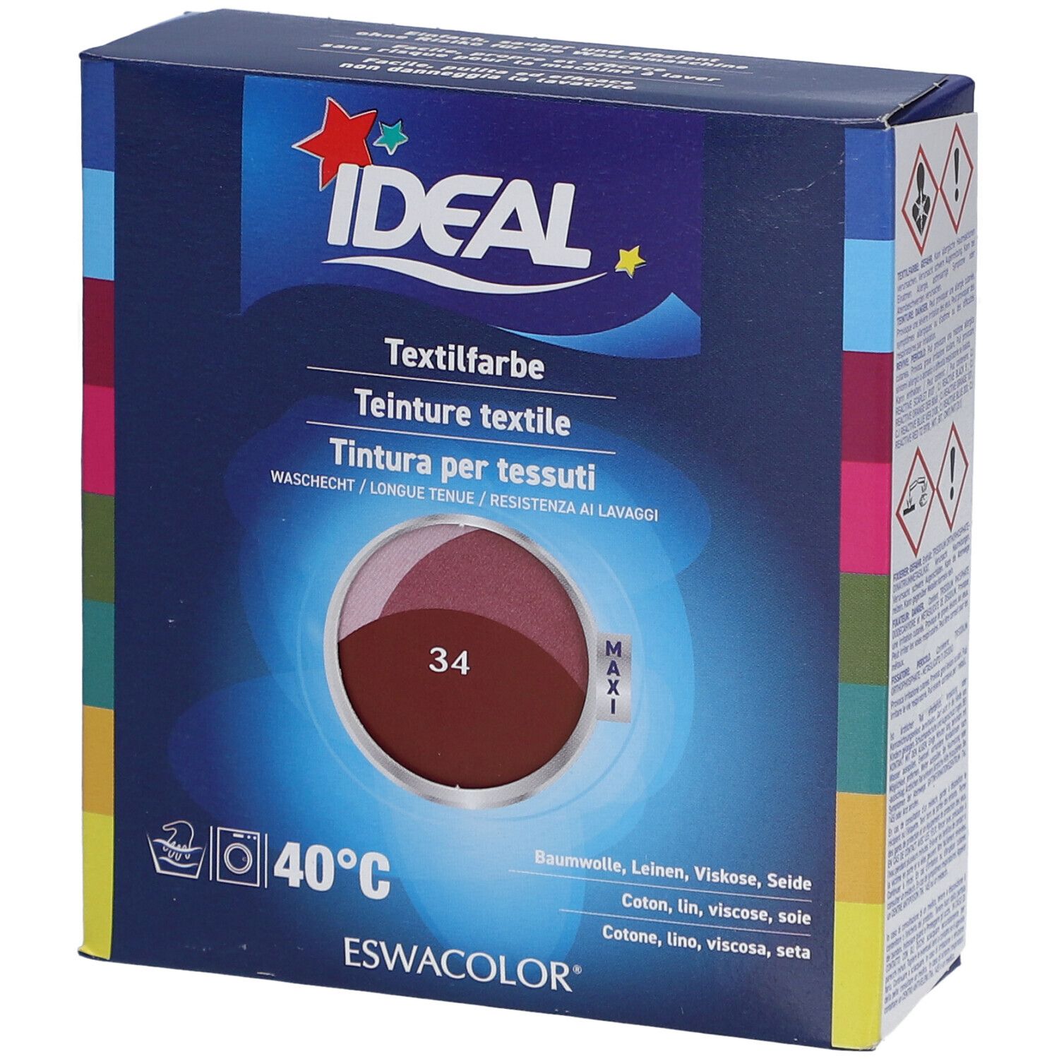 Teinture textile IDEAL, 34 Bordeaux. Boîte avec échantillon de couleur. Lavable à 40°C. Pour coton, lin, viscose, soie.