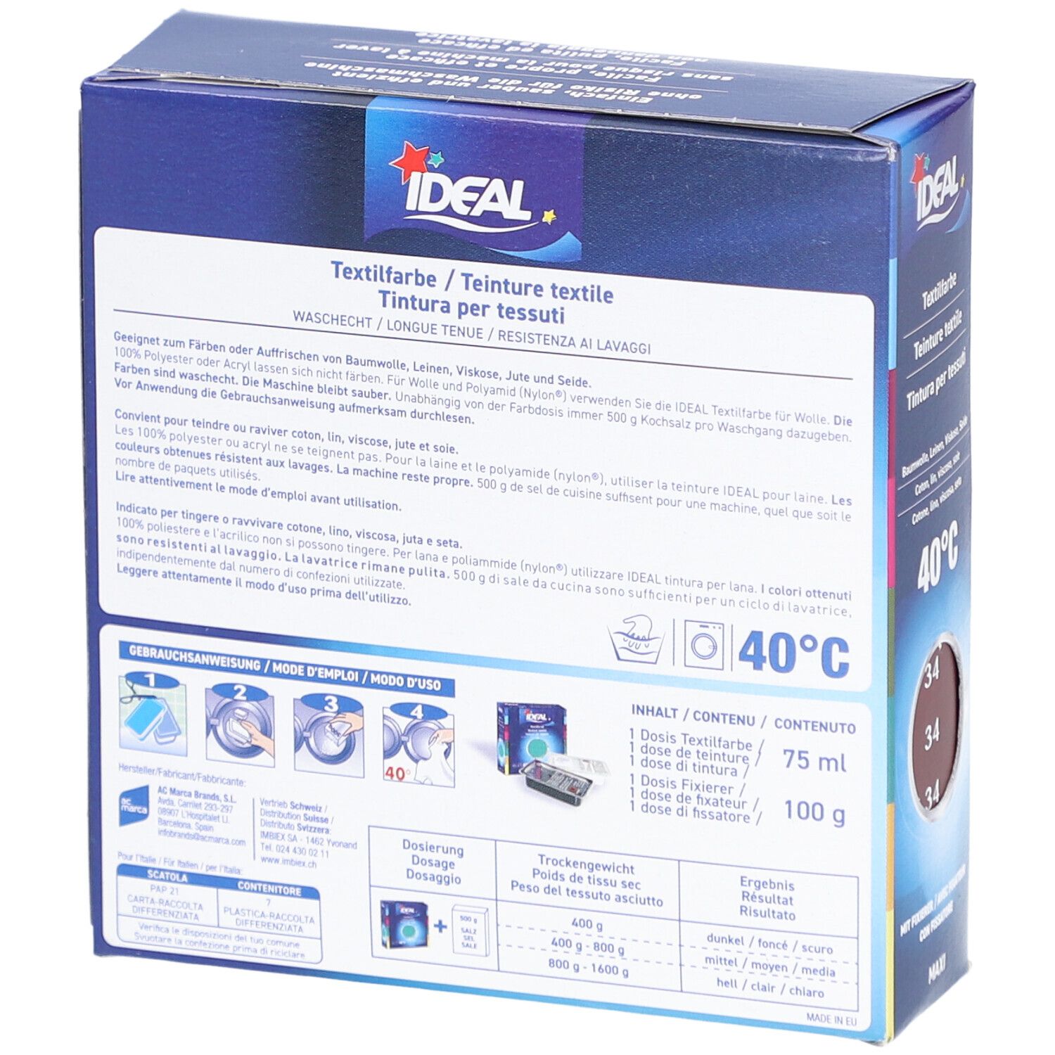 Dos de la boîte de teinture textile IDEAL. Informations d'utilisation et ingrédients. Lavable à 40°C.