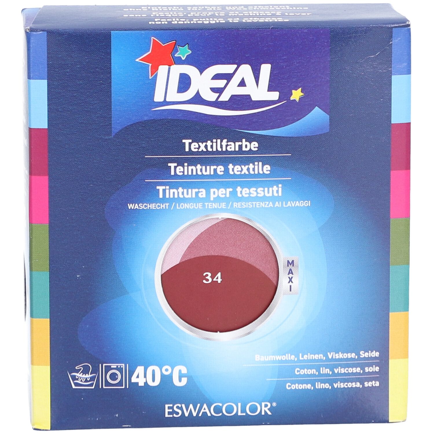 Teinture textile IDEAL, 34 Bordeaux. Boîte avec échantillon de couleur. Lavable à 40°C. Pour coton, lin, viscose, soie.