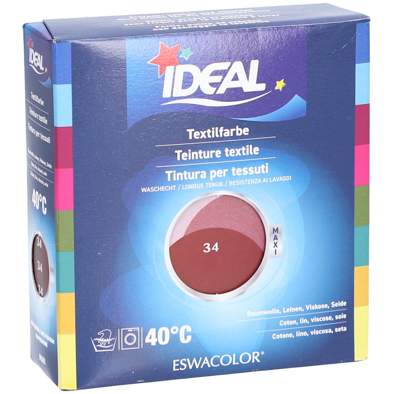 Teinture textile IDEAL, 34 Bordeaux. Boîte avec échantillon de couleur. Lavable à 40°C. Pour coton, lin, viscose, soie.