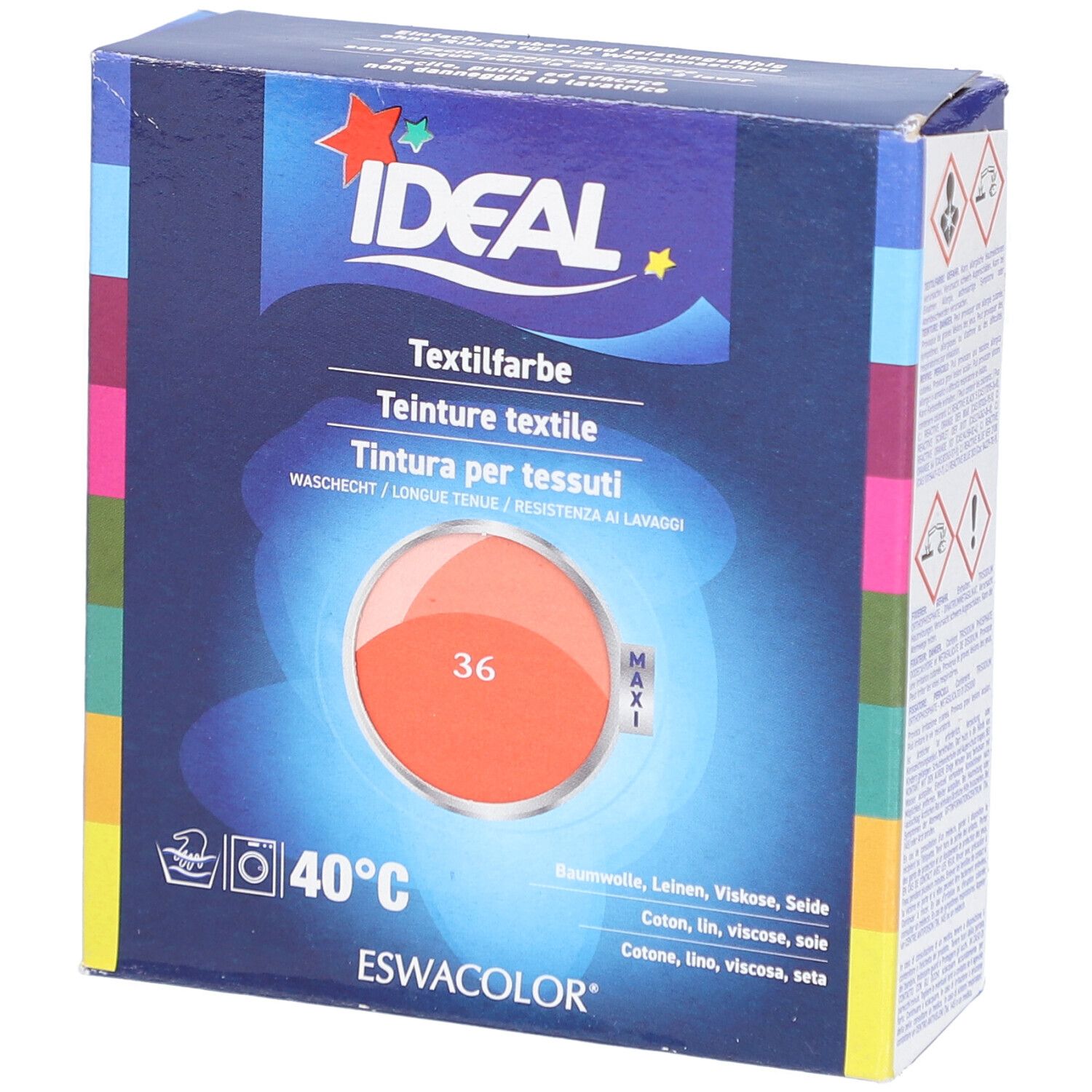 Boîte de teinture textile IDEAL. Teinte 36 Corail. Lavable à 40°C. Pour coton, lin, viscose, soie. ESWACOLOR.