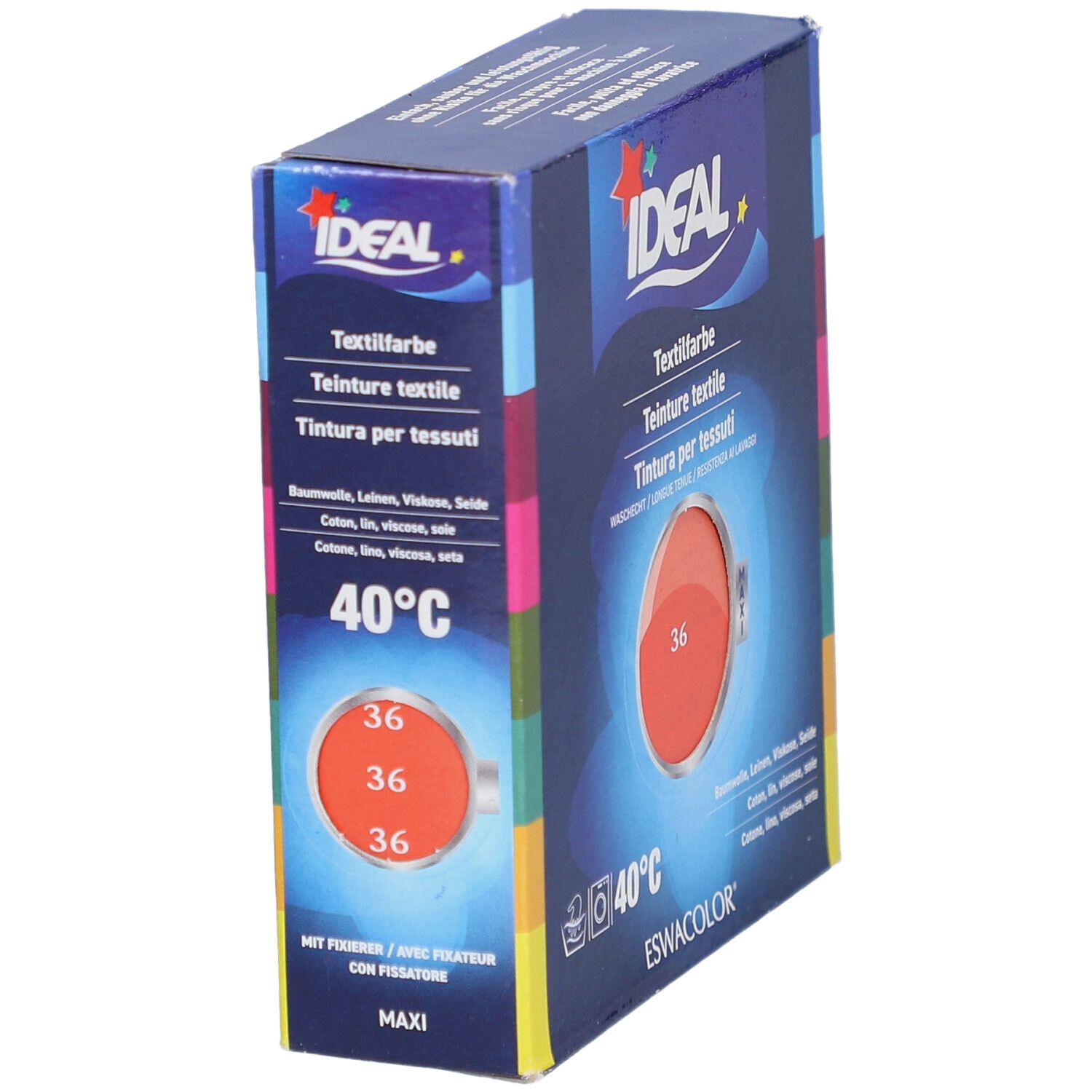 Boîte de teinture textile IDEAL. Teinte 36 Corail. Lavable à 40°C. Pour divers textiles. ESWACOLOR.