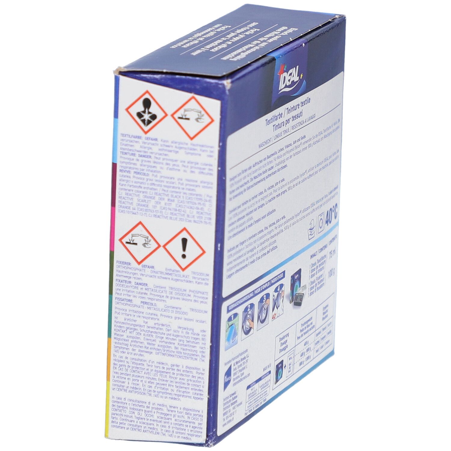 Côté de la boîte de teinture textile. Avertissements et pictogrammes. Logo IDEAL. Lavable à 40°C. Pour divers textiles.
