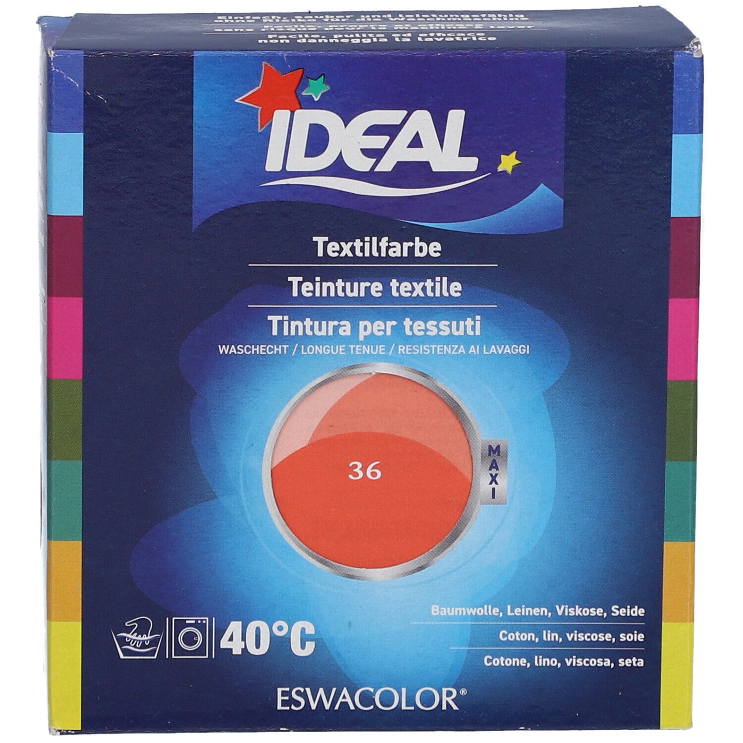 Boîte de teinture textile IDEAL. Teinte 36 Corail. Lavable à 40°C. Pour coton, lin, viscose, soie. ESWACOLOR.