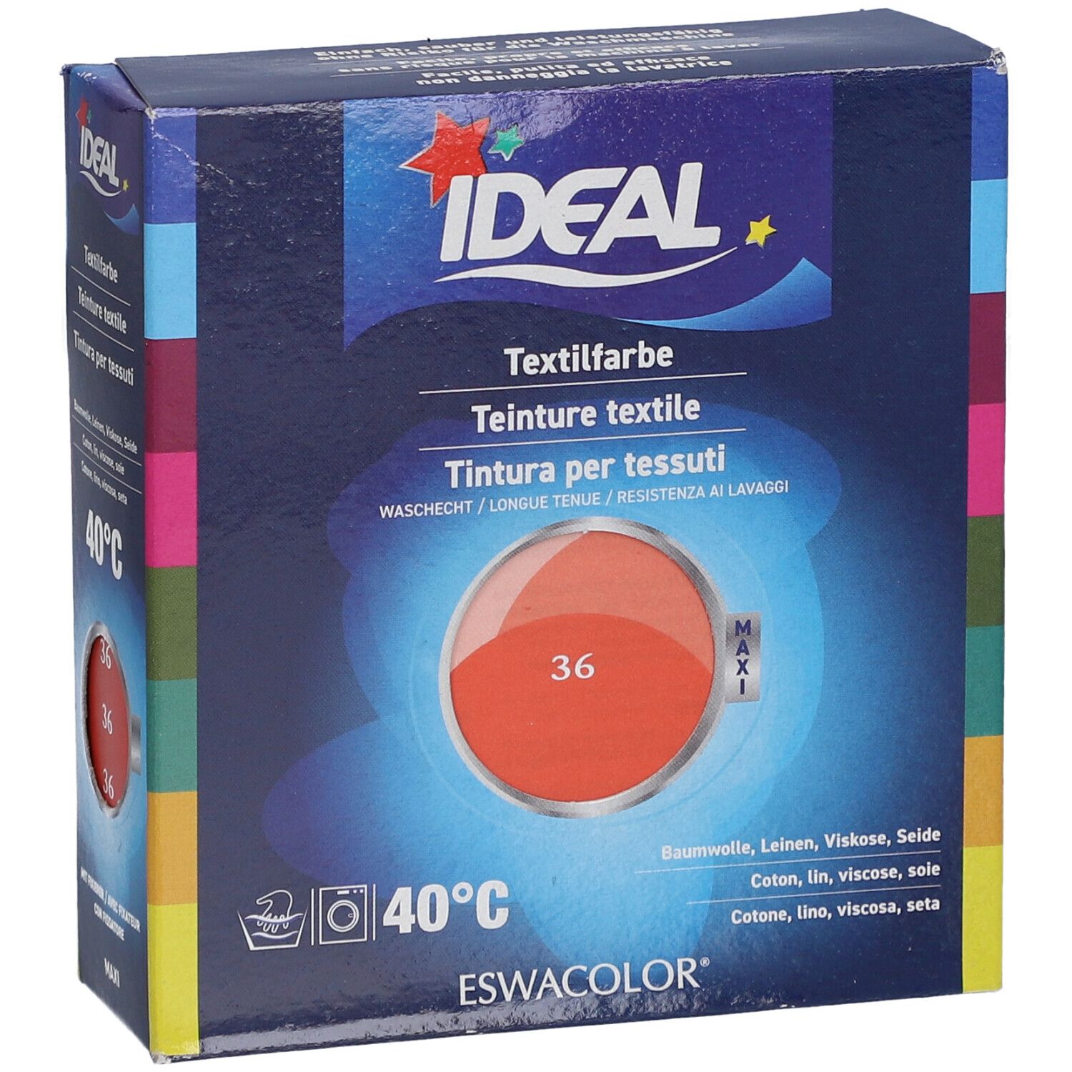 Boîte de teinture textile IDEAL. Teinte 36 Corail. Lavable à 40°C. Pour coton, lin, viscose, soie. ESWACOLOR.