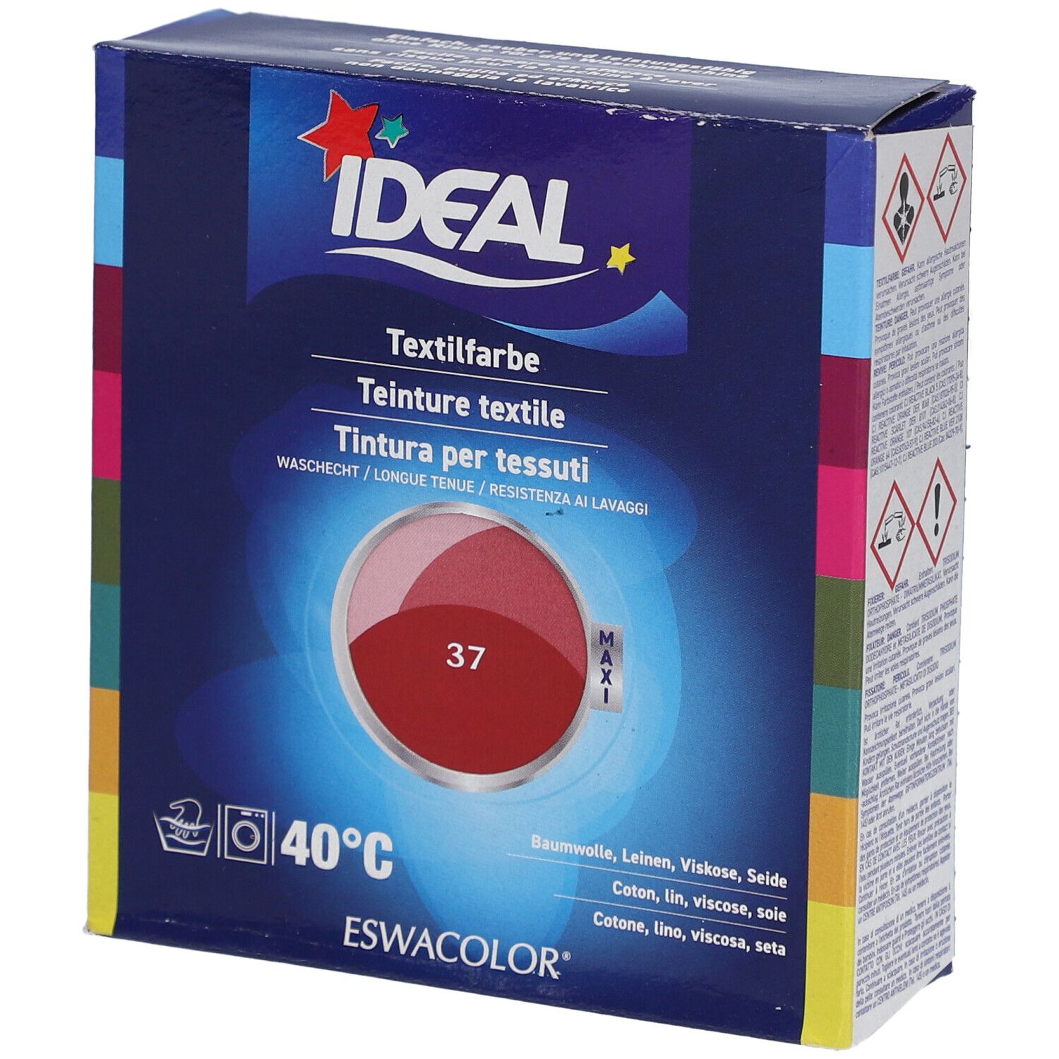 Teinture textile Ideal, rouge Hermès 37, en boîte. Lavable à 40°C. Pour coton, lin, viscose, soie.