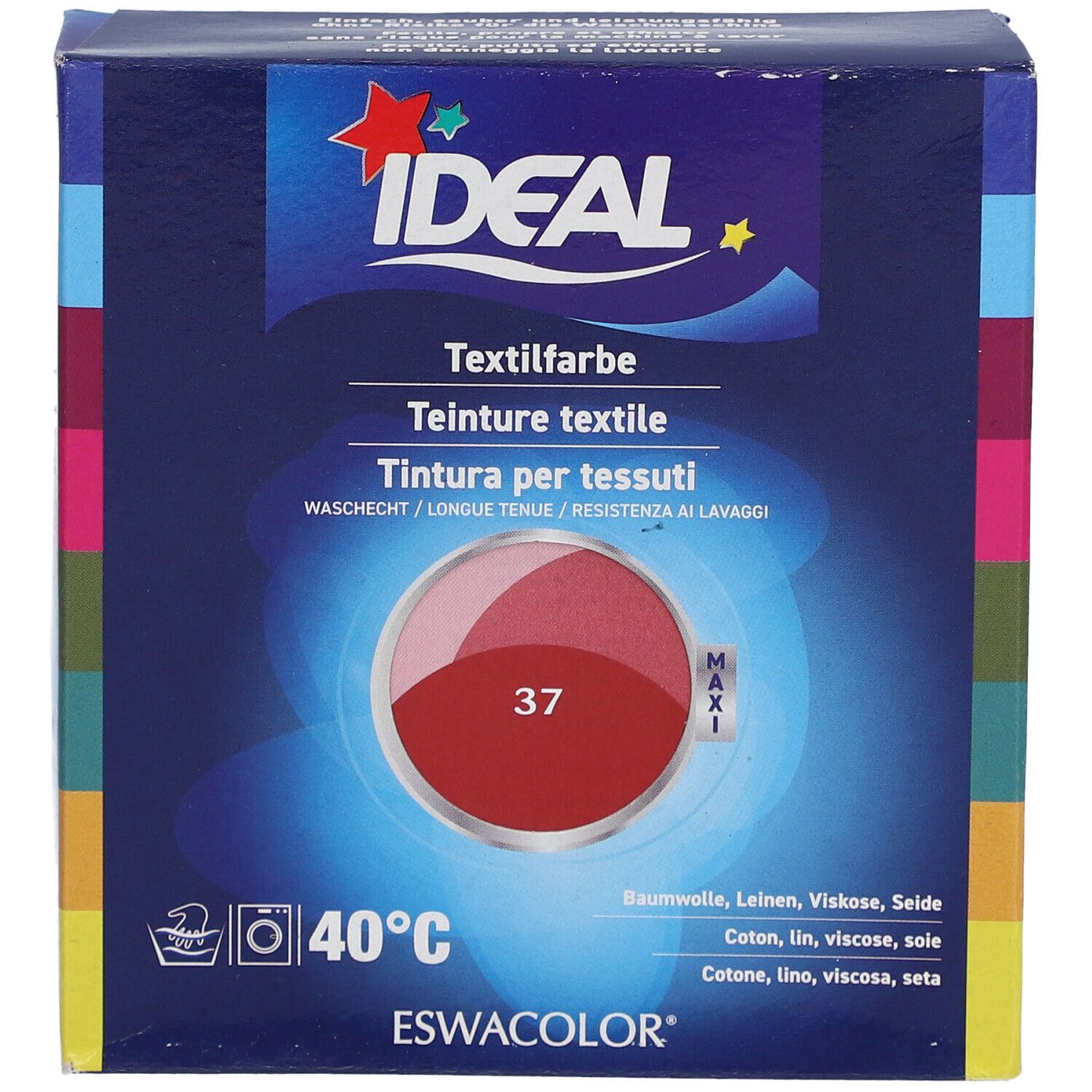 Teinture textile Ideal, rouge Hermès 37, en boîte. Lavable à 40°C. Pour coton, lin, viscose, soie.