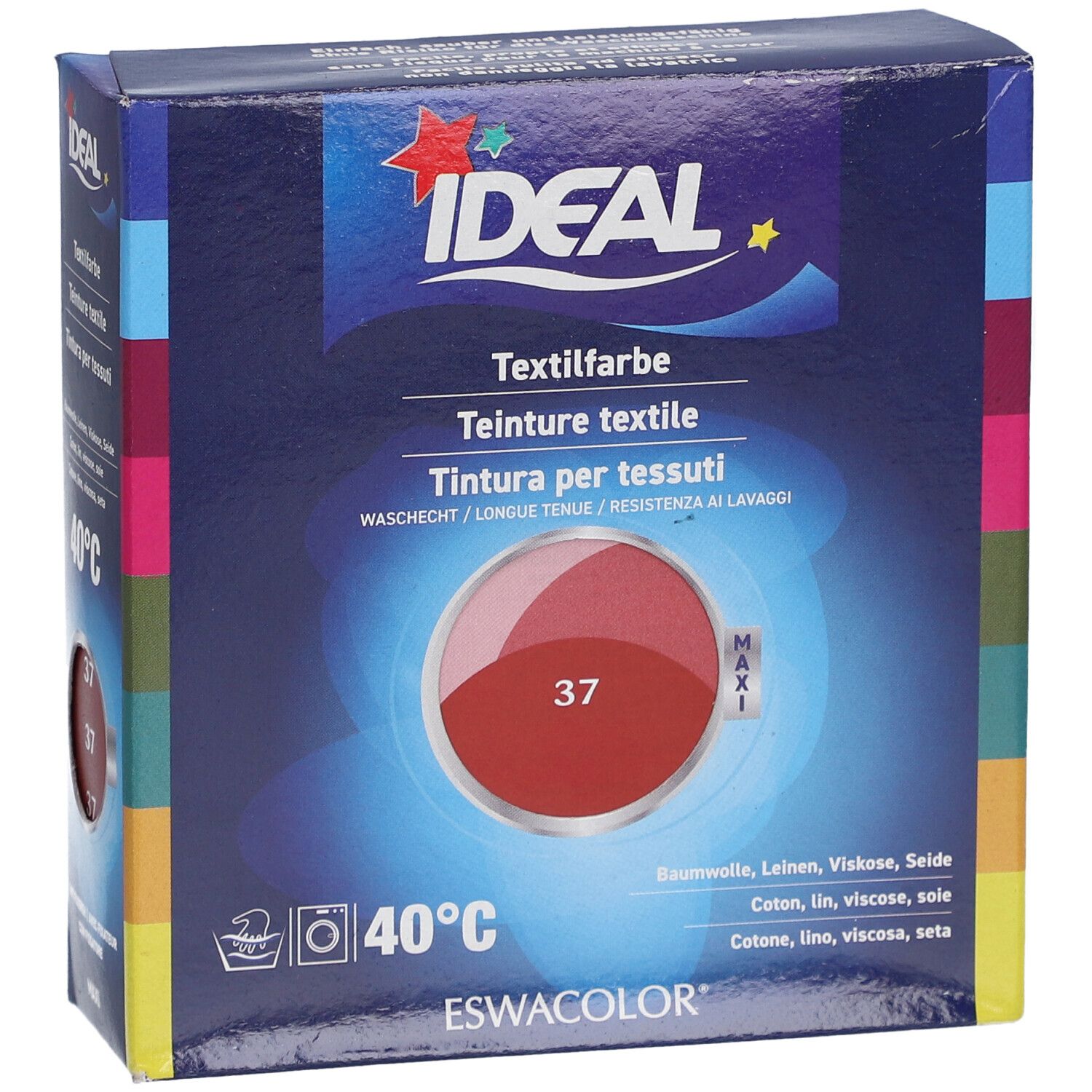 Teinture textile Ideal, rouge Hermès 37, en boîte. Lavable à 40°C. Emballage Maxi.