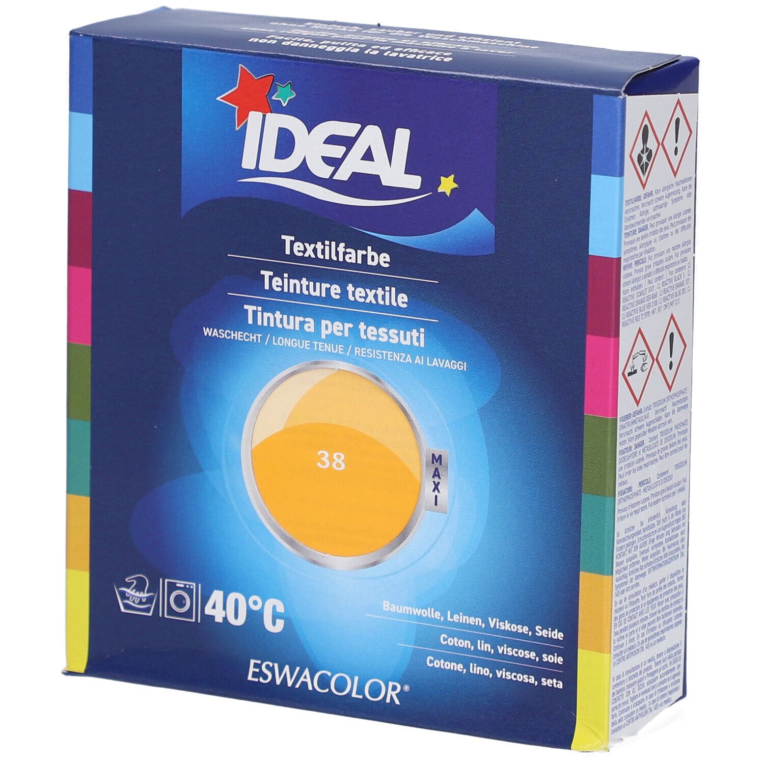 Boîte de teinture textile IDEAL. Teinte 38 mandarine. Lavable à 40°C. Pour coton, lin, viscose, soie. ESWACOLOR.