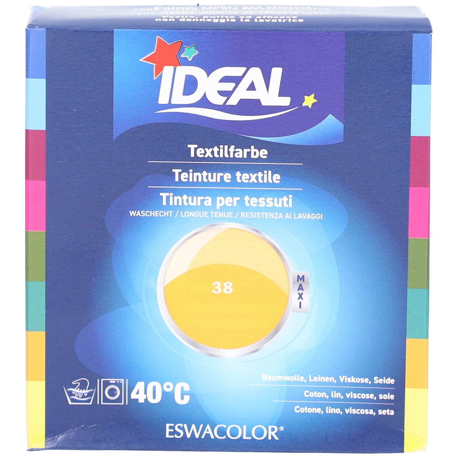 Boîte de teinture textile IDEAL. Teinte 38 mandarine. Lavable à 40°C. Pour coton, lin, viscose, soie. ESWACOLOR.