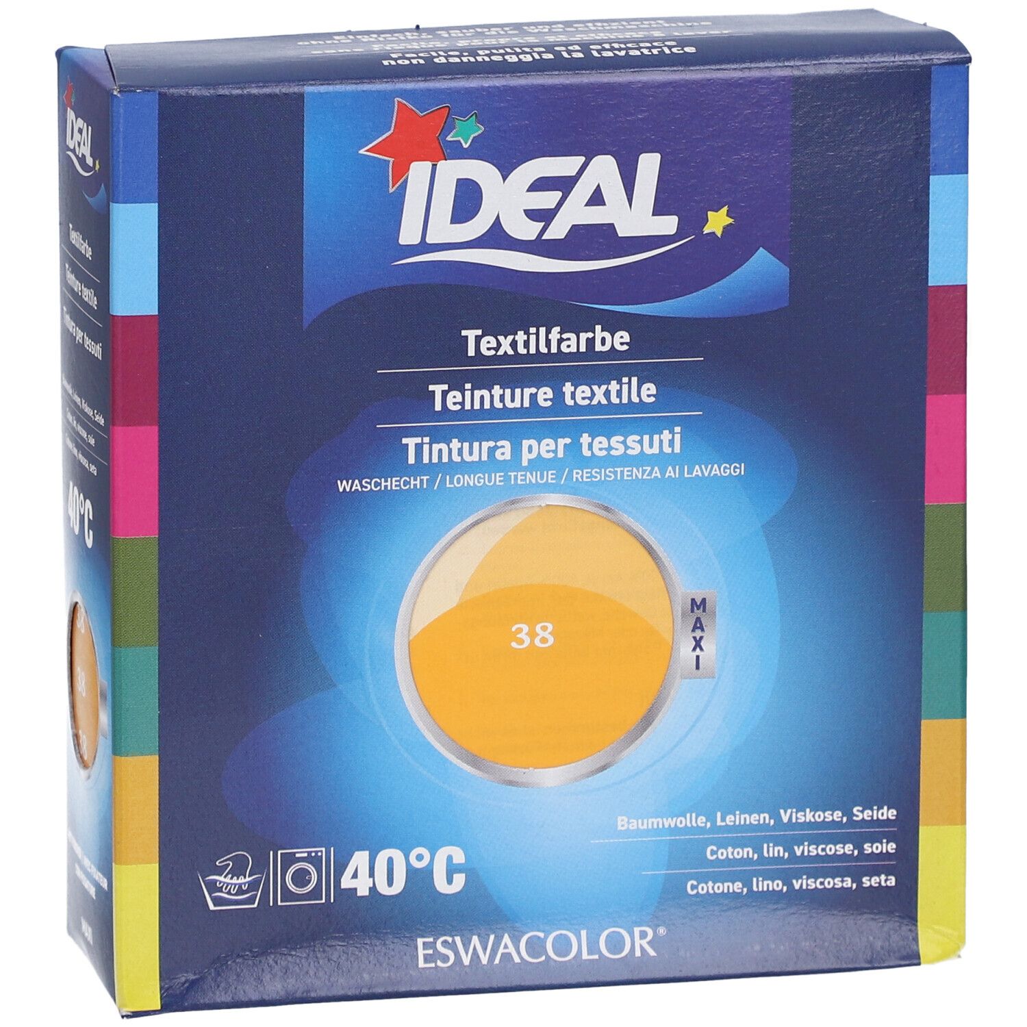 Boîte de teinture textile IDEAL. Teinte 38 mandarine. Lavable à 40°C. Pour coton, lin, viscose, soie. ESWACOLOR.