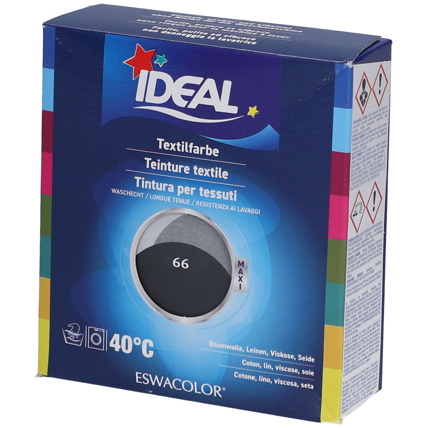 Boîte bleue avec informations produit. Logo IDEAL en haut. Teinture textile, teinte 66. Lavage 40°C. Pour coton, lin, viscose, soie.