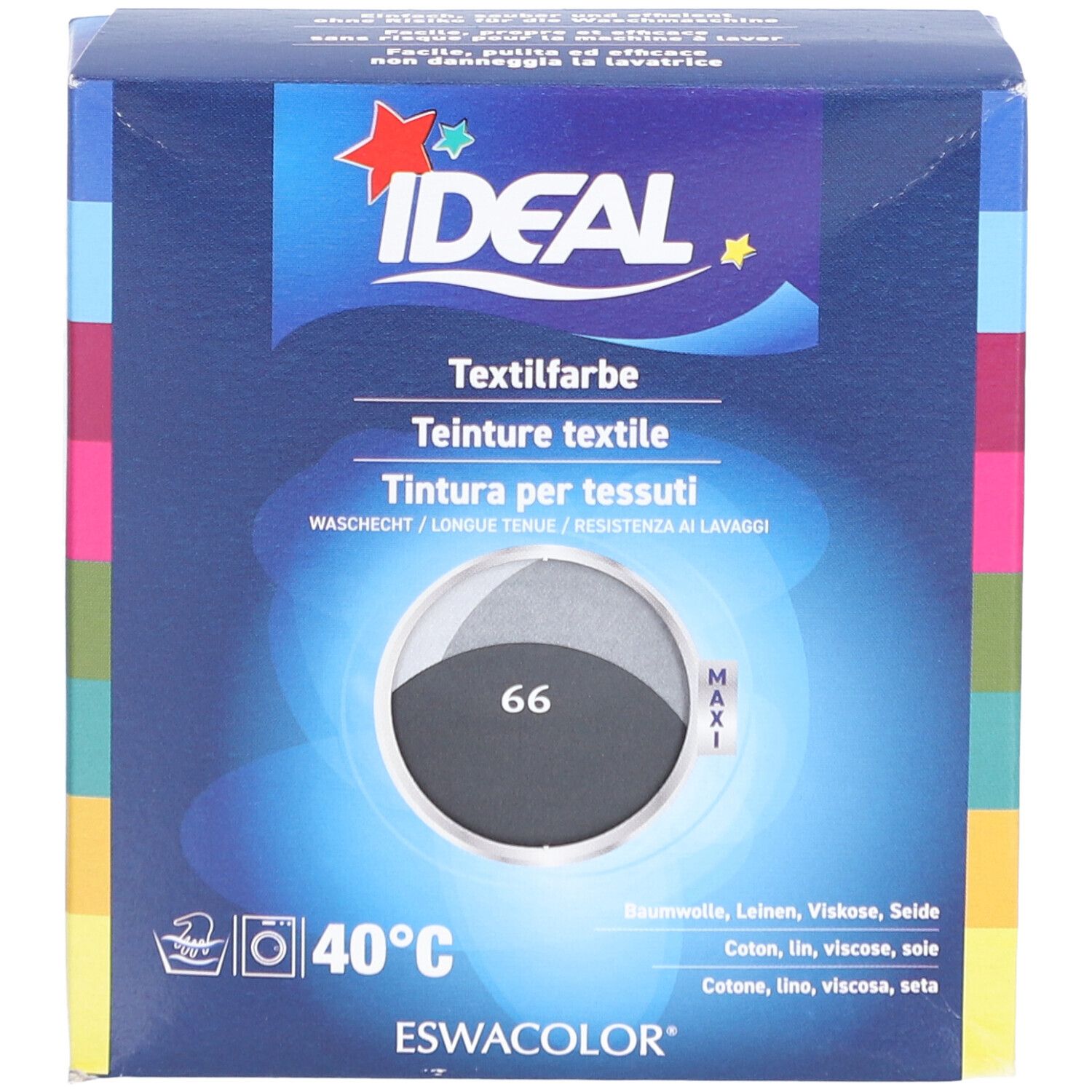 Boîte bleue avec logo IDEAL. Teinture textile, teinte 66. Lavage 40°C. Pour coton, lin, viscose, soie.
