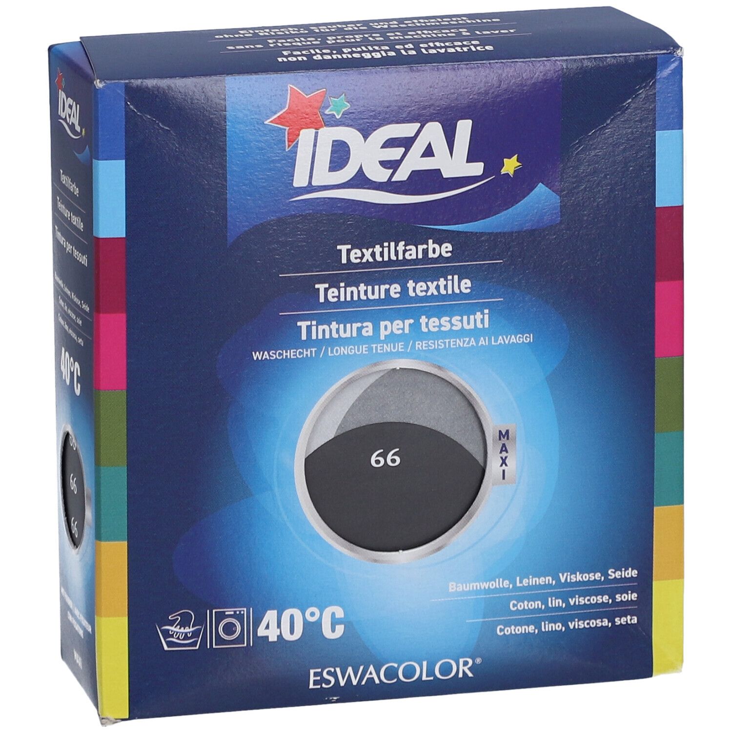 Boîte bleue avec logo IDEAL. Teinture textile, teinte 66. Lavage 40°C. Pour coton, lin, viscose, soie.