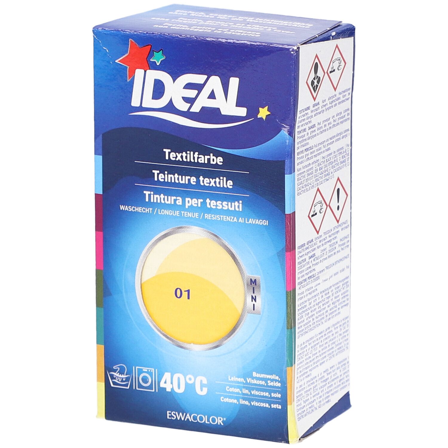 Teinture textile Ideal MINI No01 jaune. Boîte avec illustration et texte. Lavage 40°C. Pour coton, lin, viscose et soie.