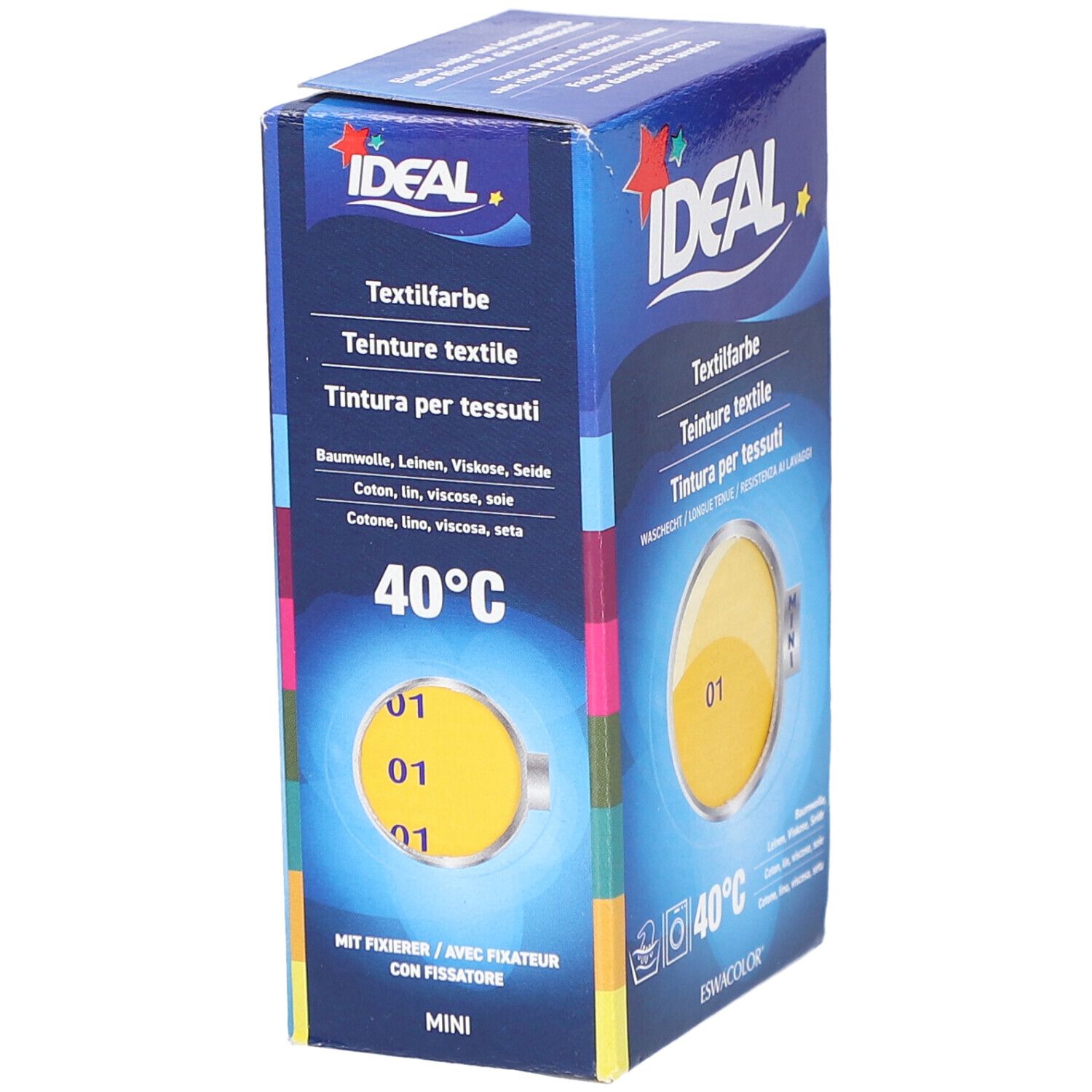 Teinture textile Ideal, jaune, en boîte. Inscriptions: Teinture textile, 40°C, MINI. Pour coton, lin, viscose, soie.