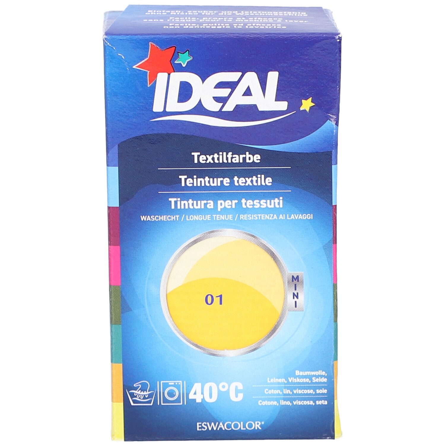 Teinture textile Ideal MINI No01 jaune. Boîte avec illustration et texte. Lavage 40°C. Pour coton, lin, viscose et soie.