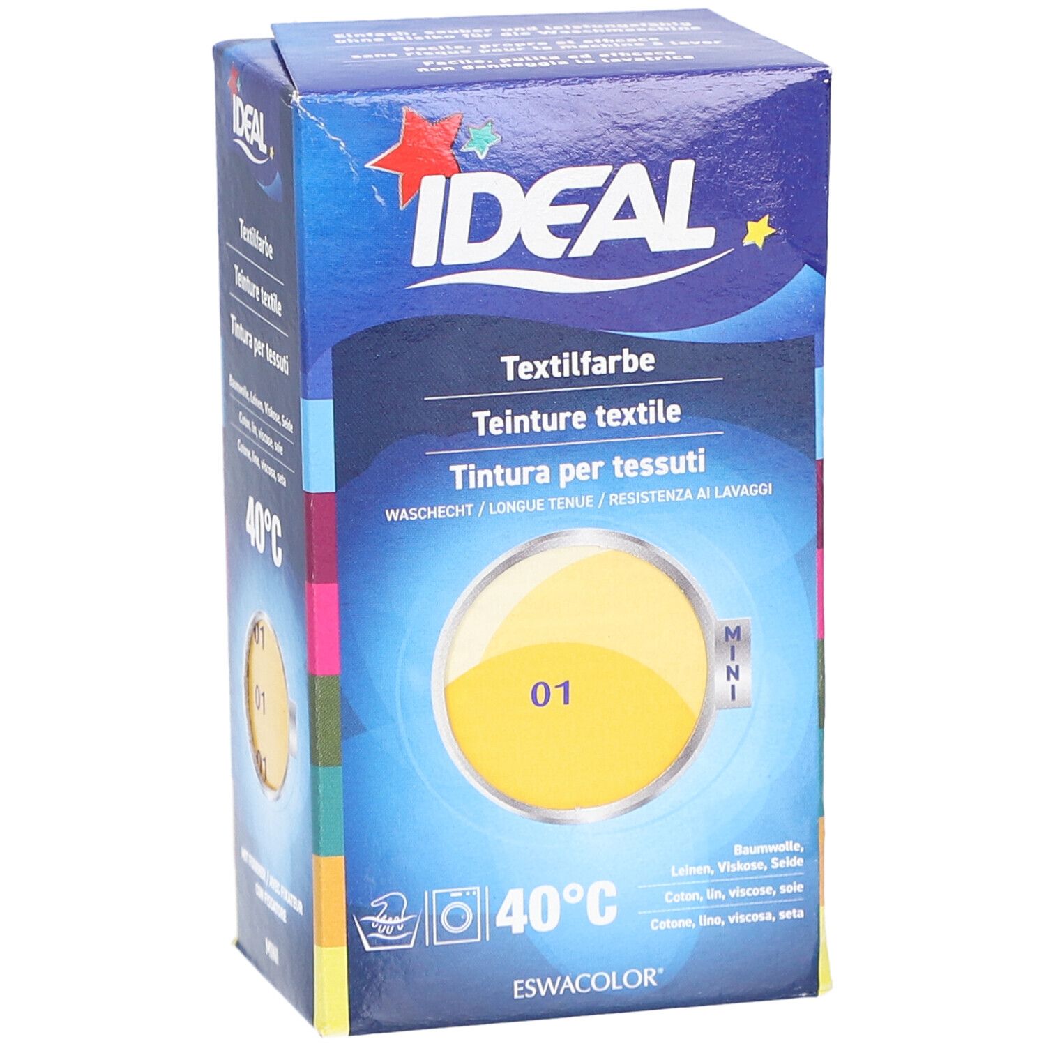 Teinture textile Ideal, jaune, en boîte. Inscriptions: Teinture textile, 40°C, MINI. Pour coton, lin, viscose, soie.