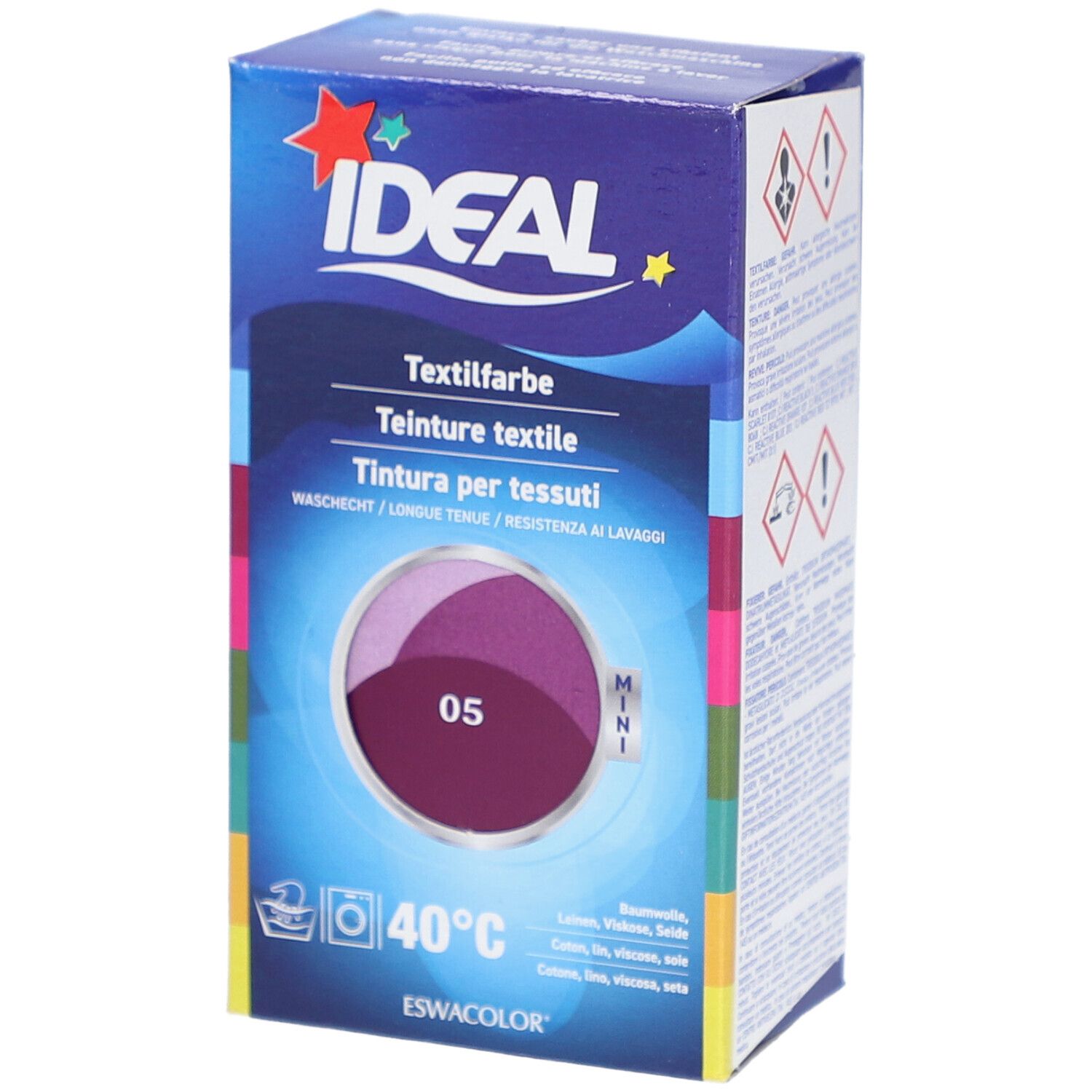 Boîte de teinture textile IDEAL, couleur 05 Violet. Lavable à 40°C. Format Mini.