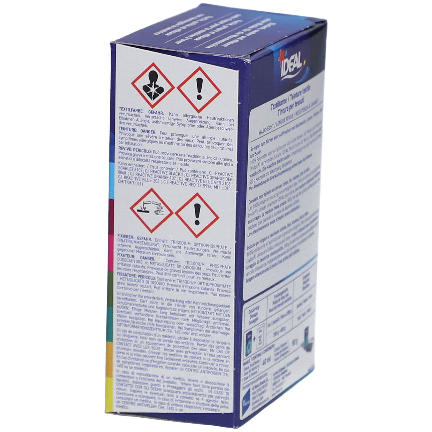 Côté de la boîte de teinture textile. Avertissements et symboles de danger.