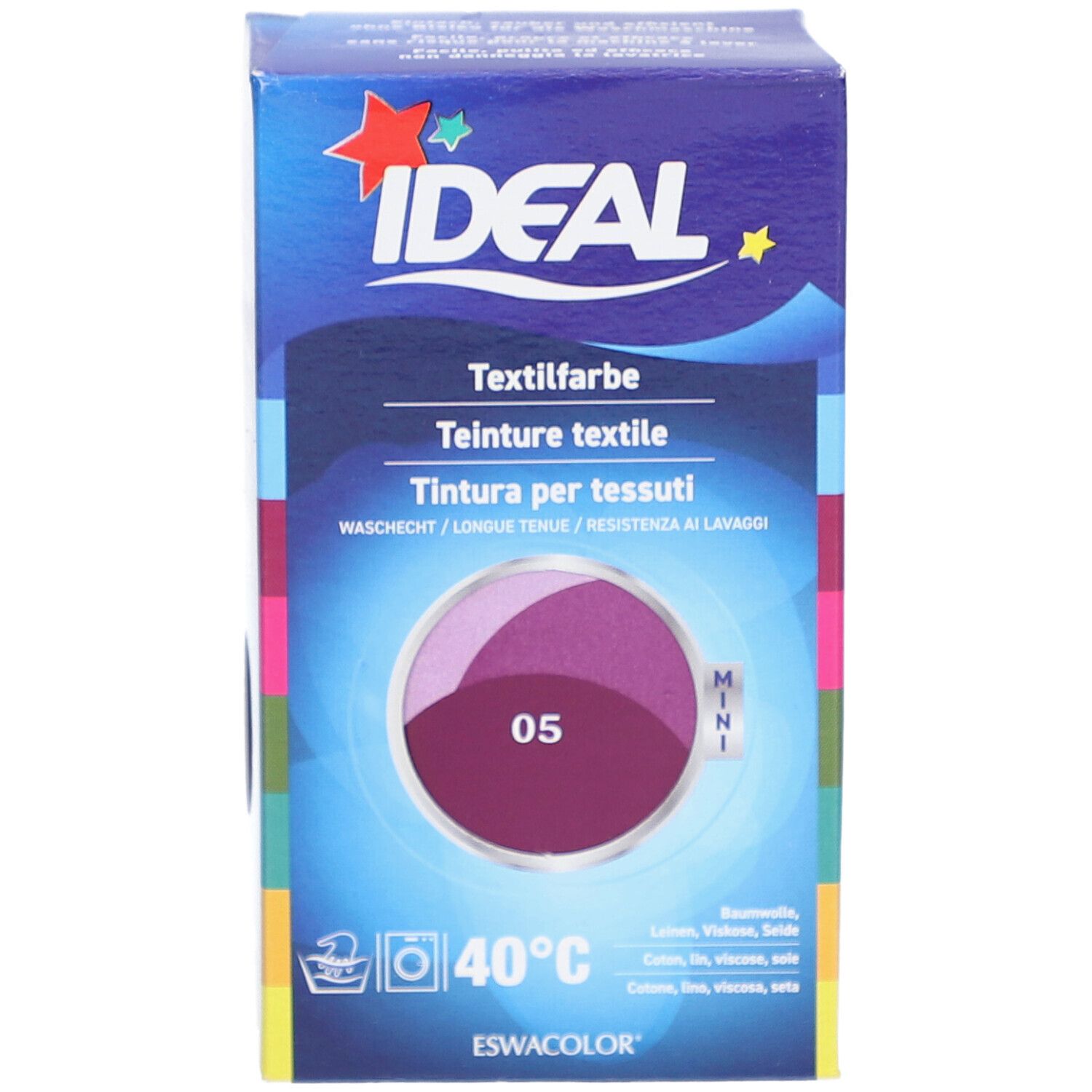 Boîte de teinture textile IDEAL, couleur 05 Violet. Lavable à 40°C. Format Mini.