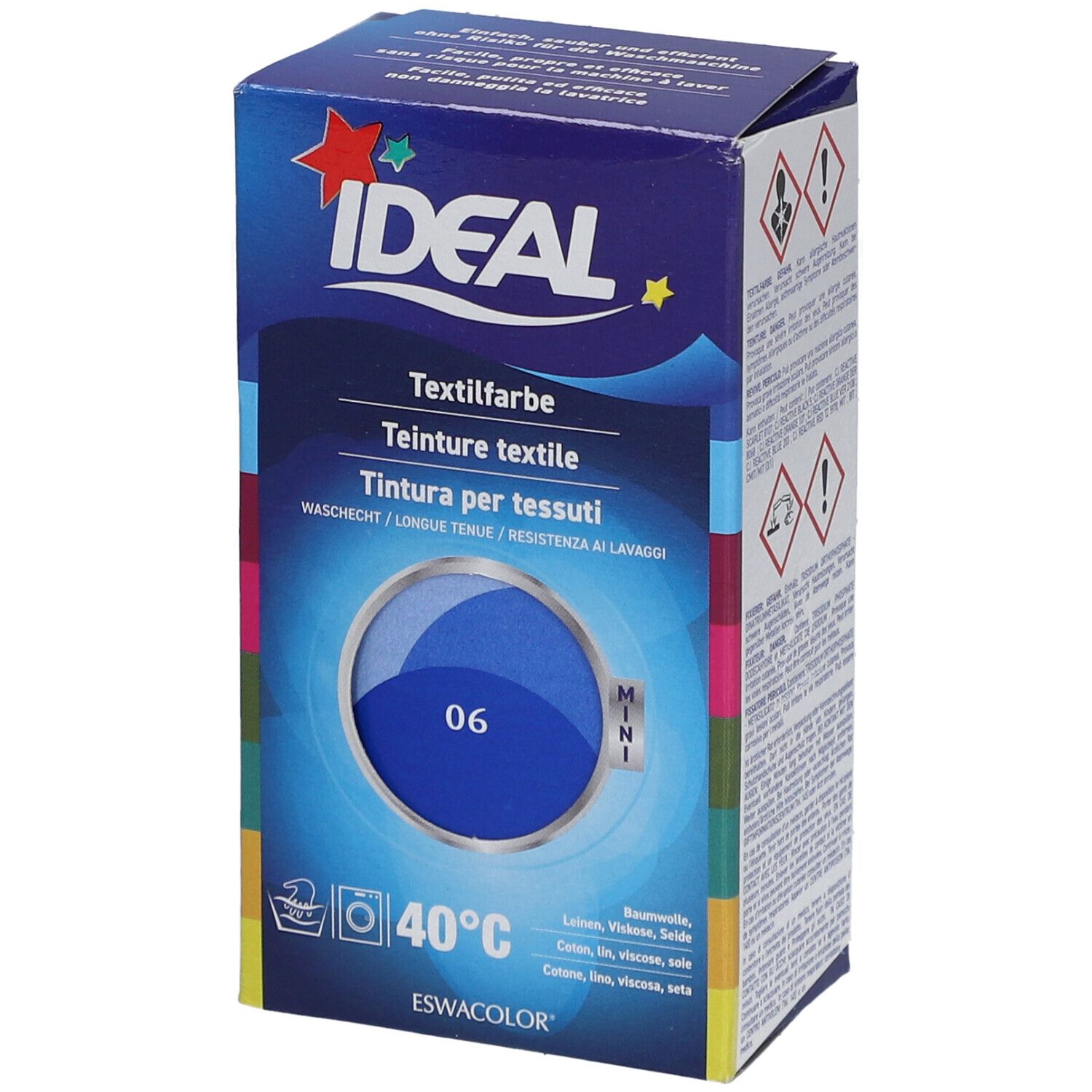 Teinture textile IDEAL, bleu roi 06, emballage Mini. Résistant au lavage. Présentation de la couleur bleue sur l'emballage.