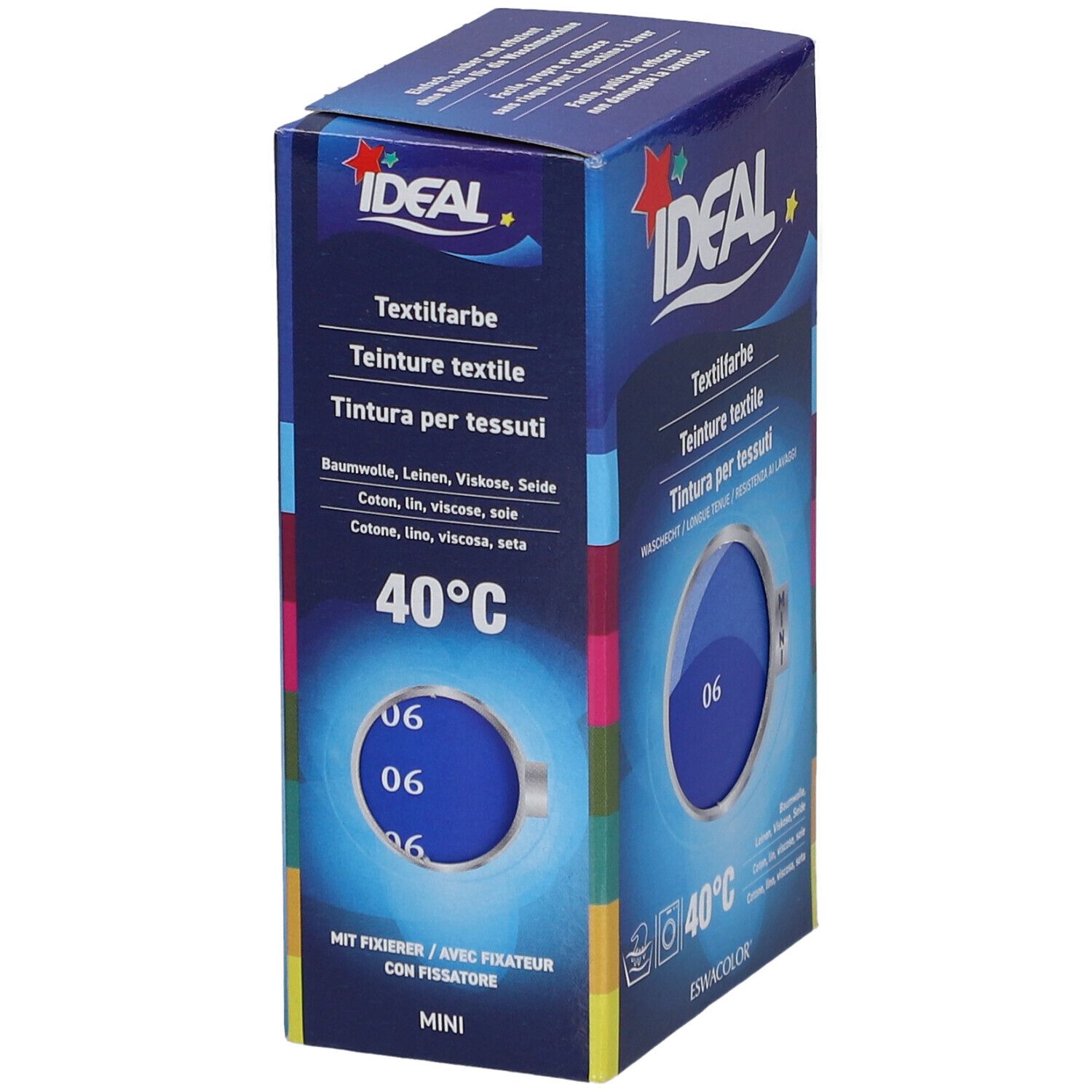 Teinture textile IDEAL, bleu roi 06, emballage Mini. Vue latérale. Texte sur l'emballage: Teinture textile, 40°C, résistant au lavage.